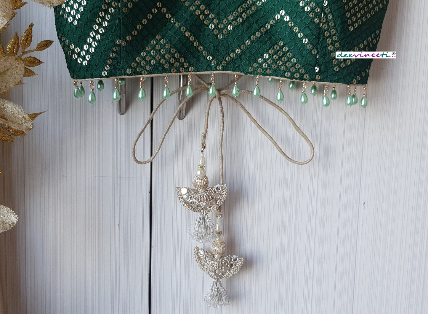 Green Sequins Chevron  Embroidered Silk Blouse  DVBL_152