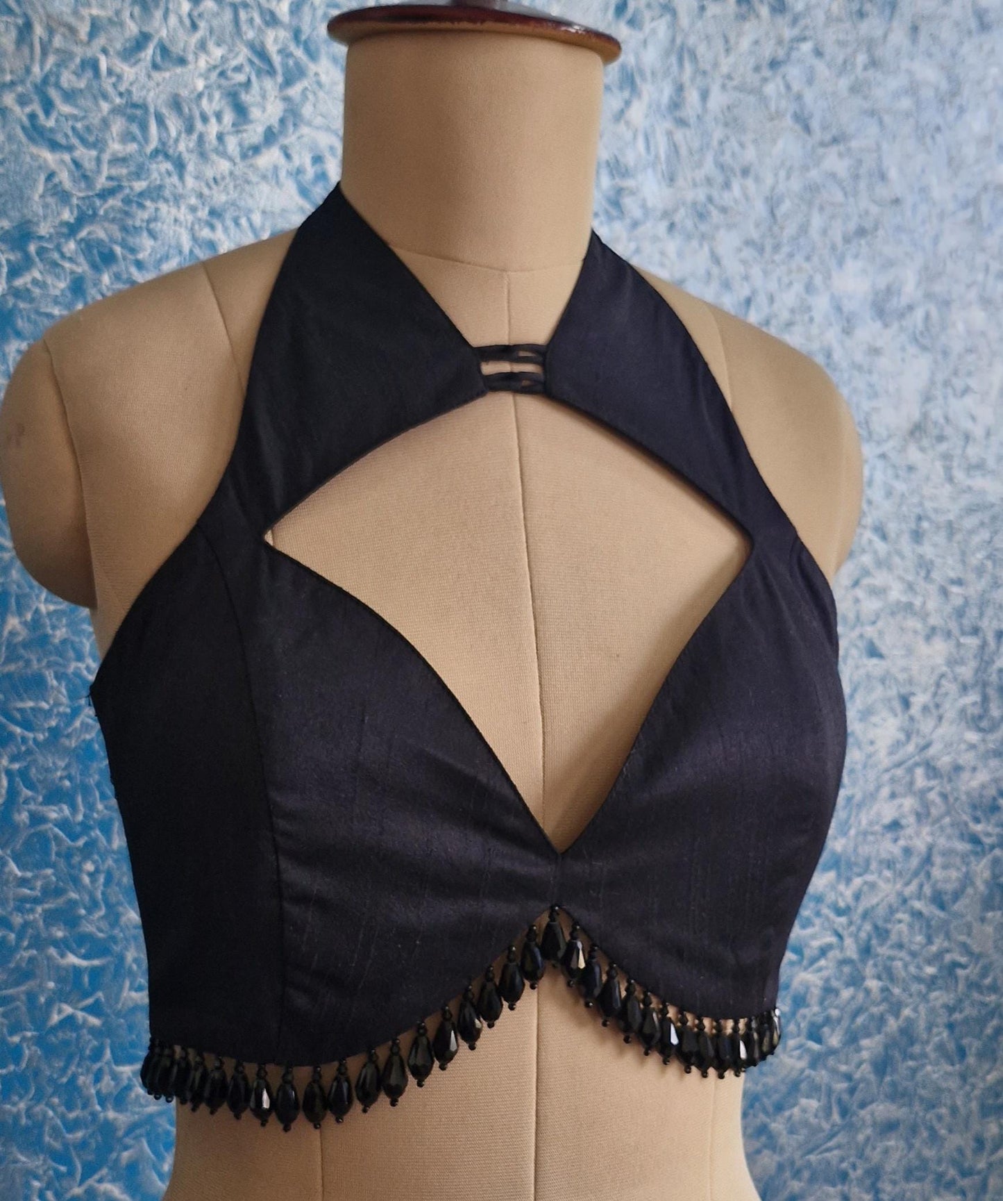 Black Raw Silk Blouse Deep Sweetheart Halter Neck  DVBL_430