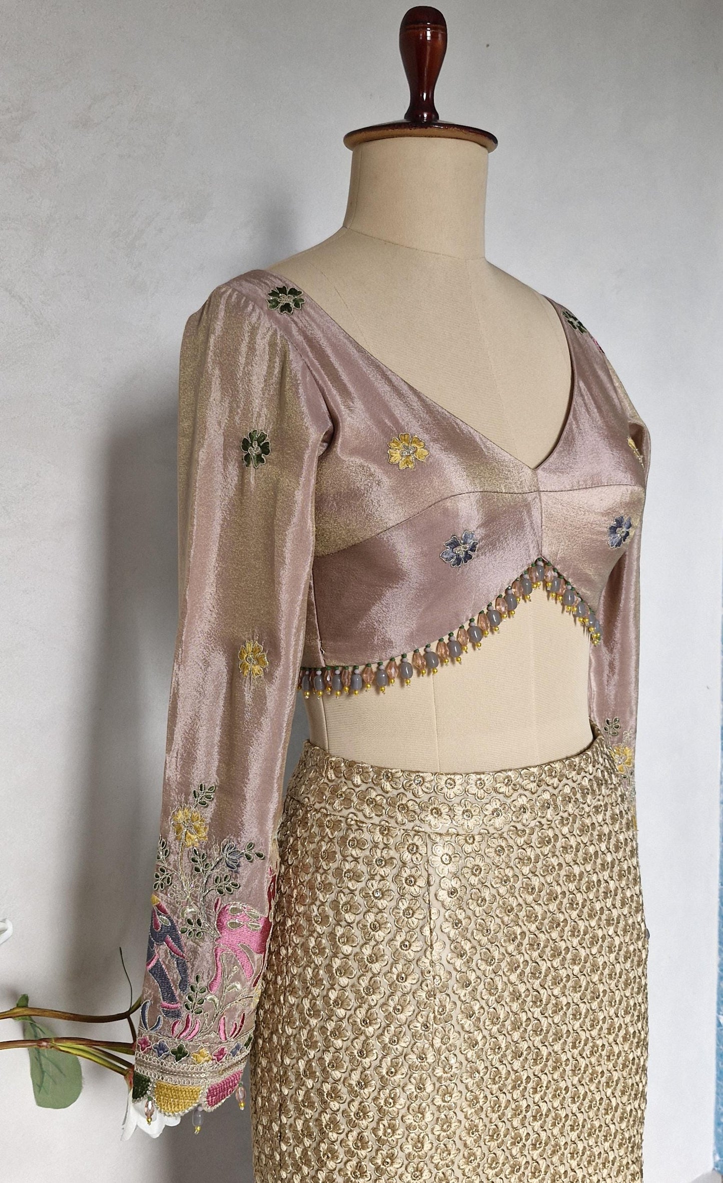 Dusty Rose Pink Embroidered Tissue Silk Blouse  DVBL_442