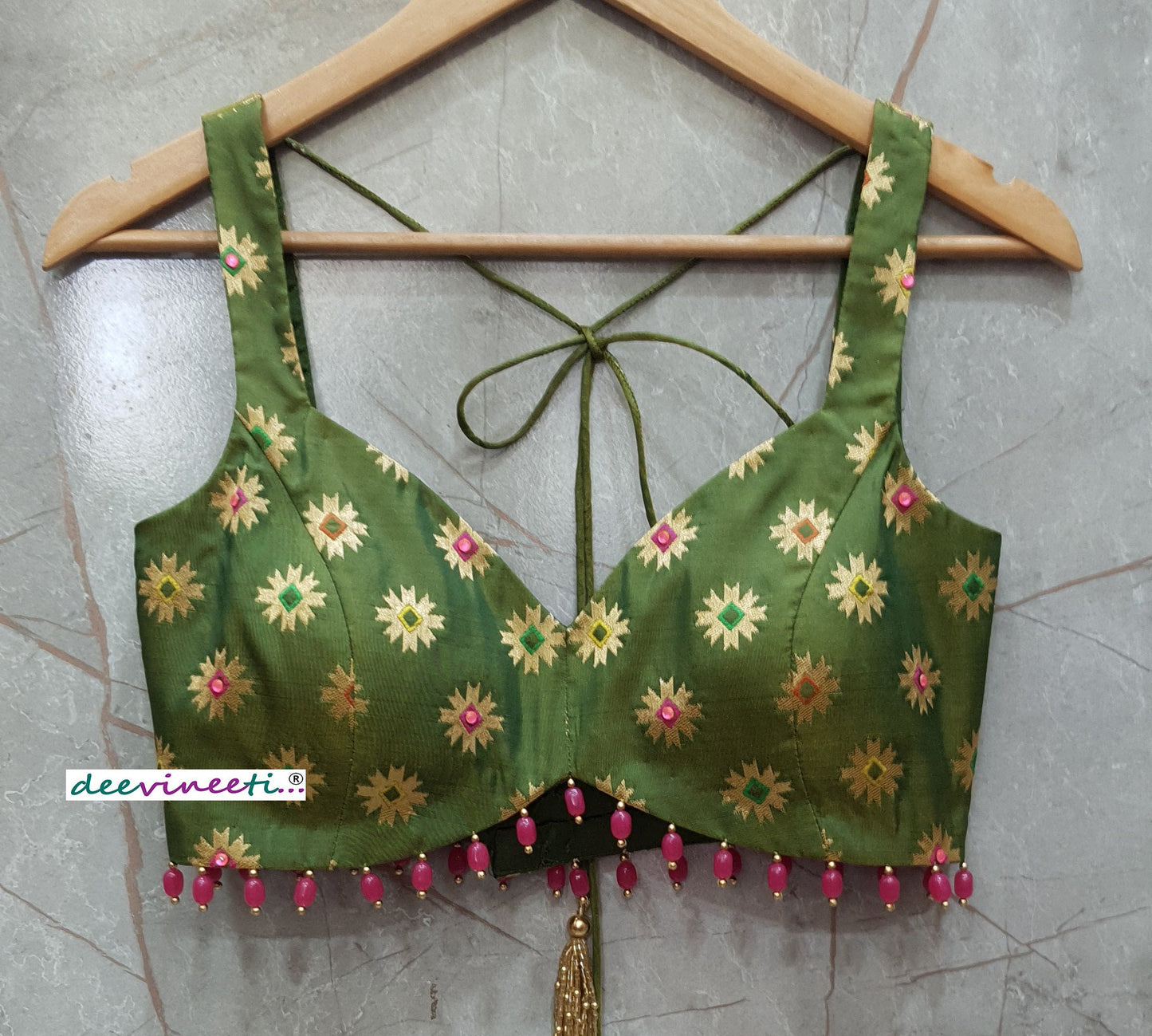 Green Brocade Silk Deep Sweetheart Neck Blouse DVBL_260