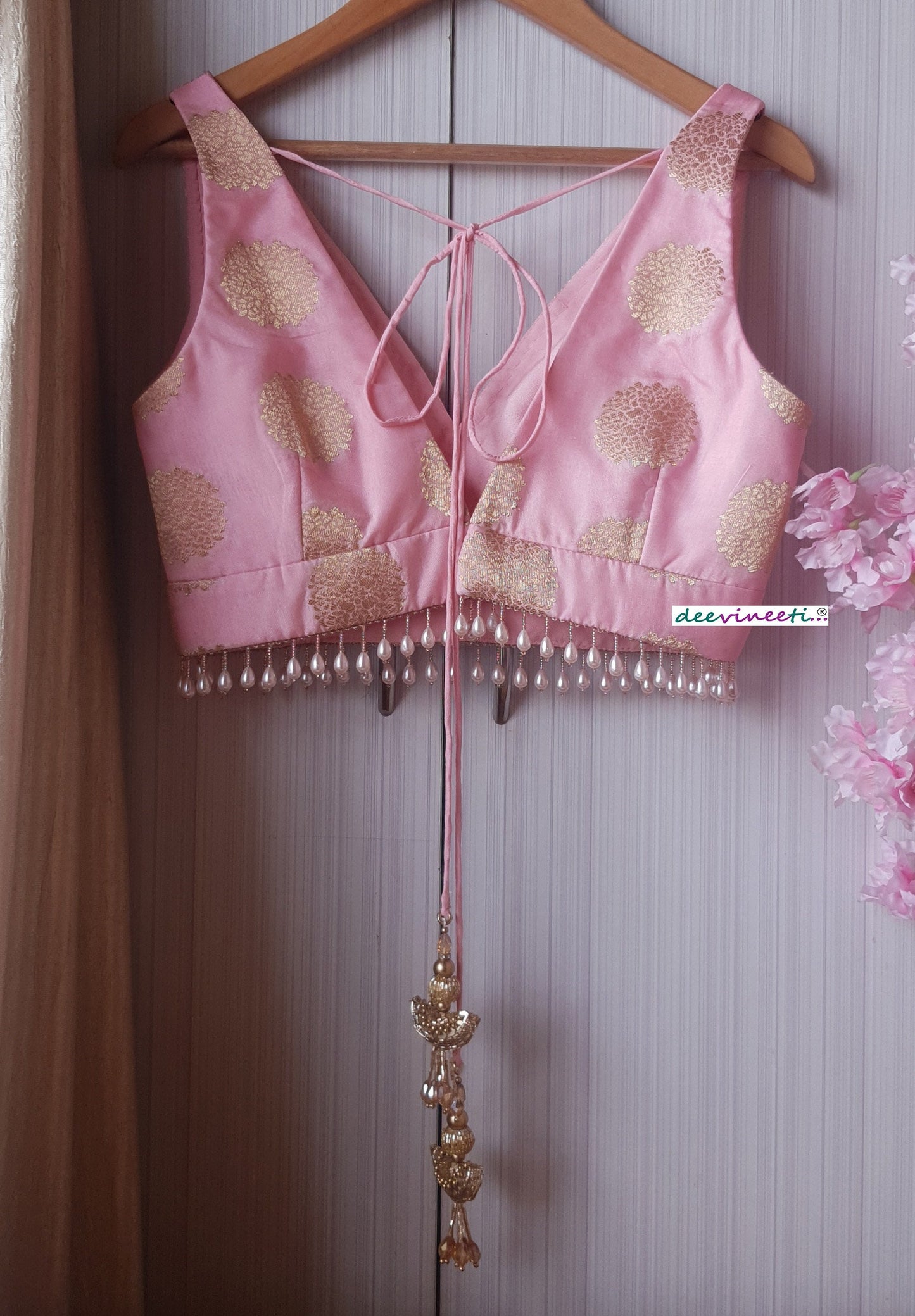 Pink Brocade Silk Blouse V Neck DVBL_192