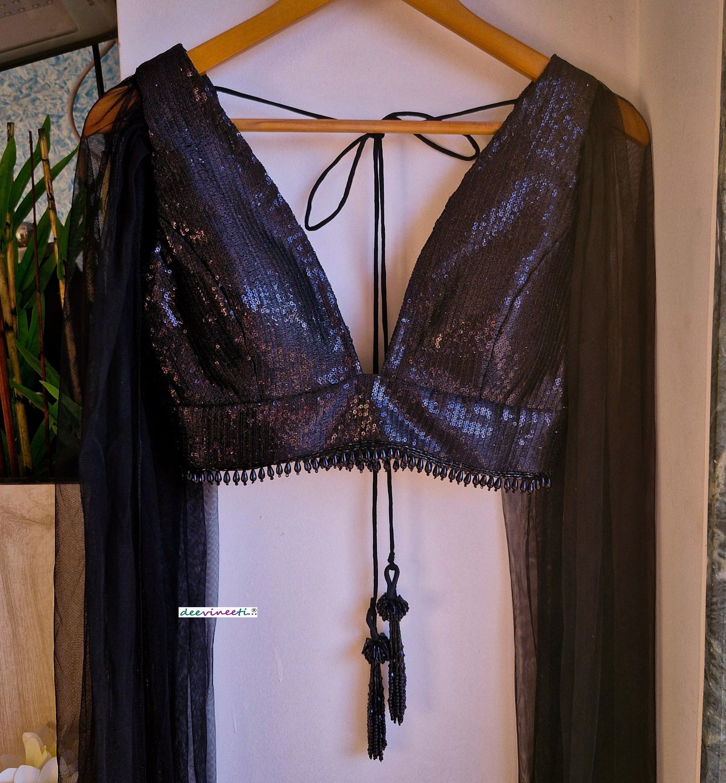 Black Sequins Embroidered Plunge Neck Cape Blouse DVBL_342