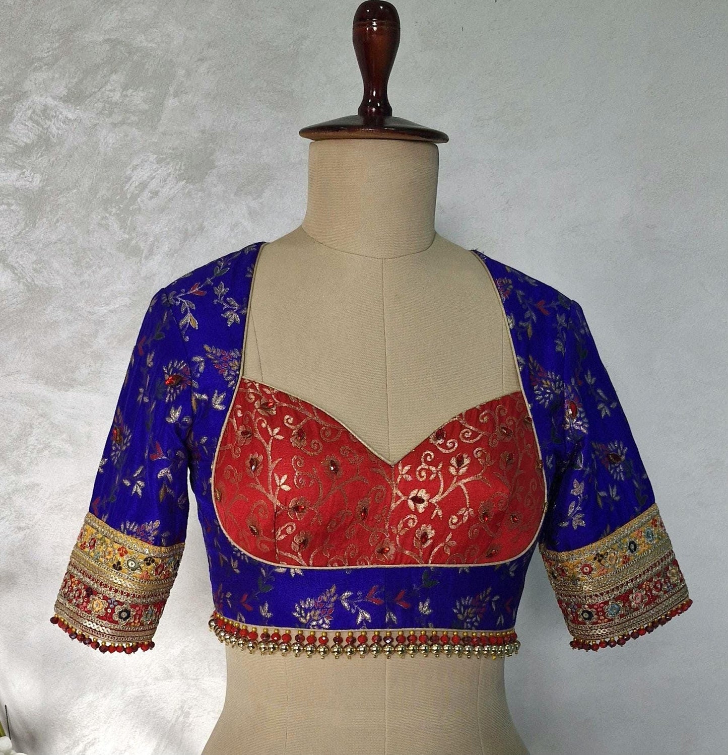 Blue Red Brocade Silk Sweetheart Neckline Blouse DVBL_448