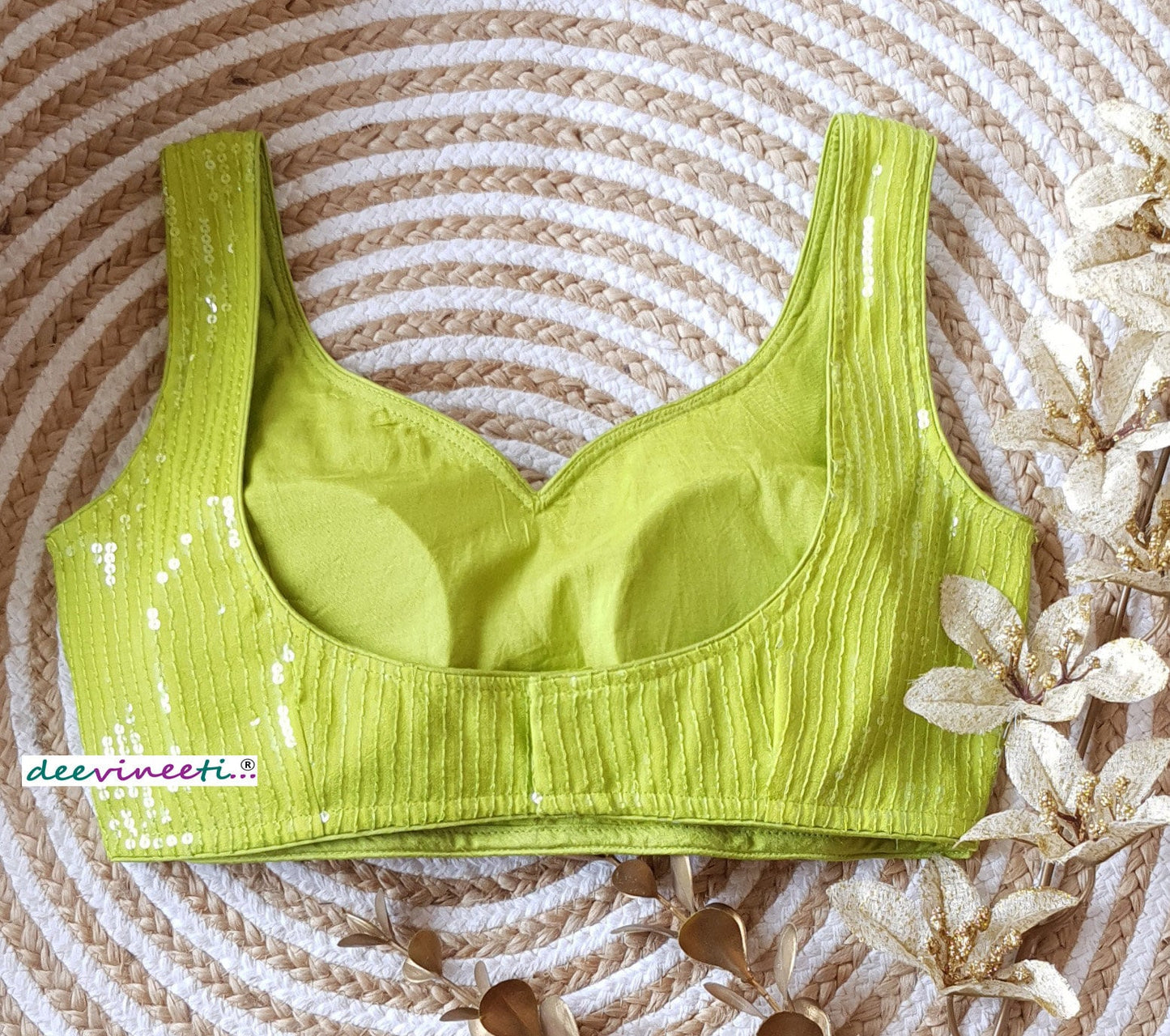 Lime Green Sequins Embroidered Sweetheart Neck Blouse DVBL_133