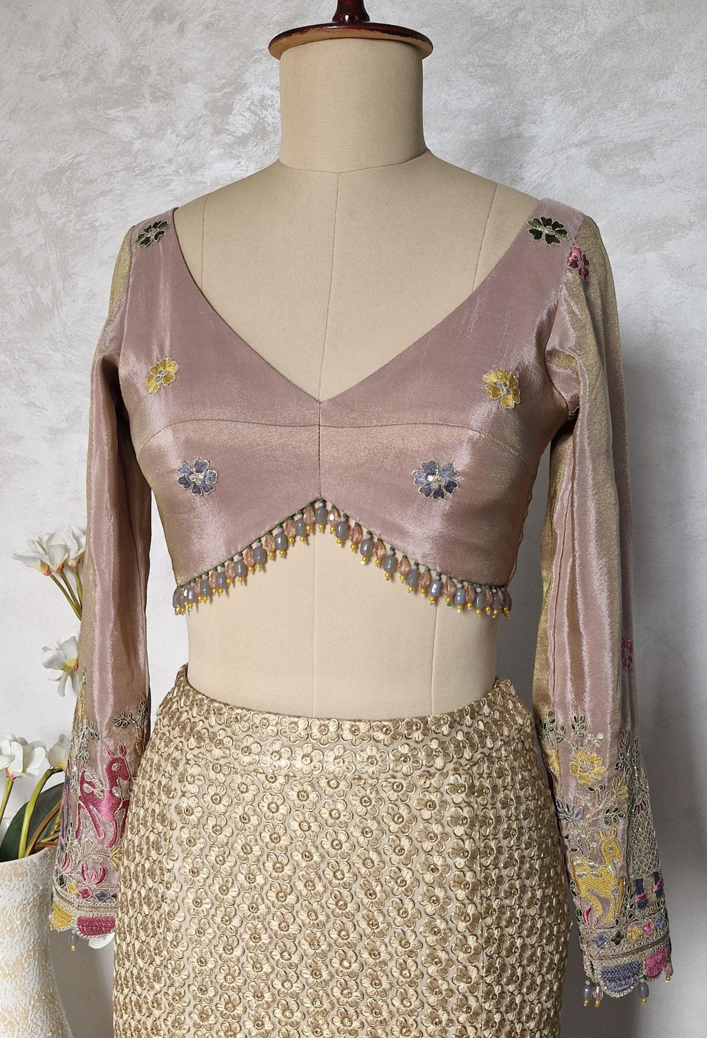 Dusty Rose Pink Embroidered Tissue Silk Blouse  DVBL_442
