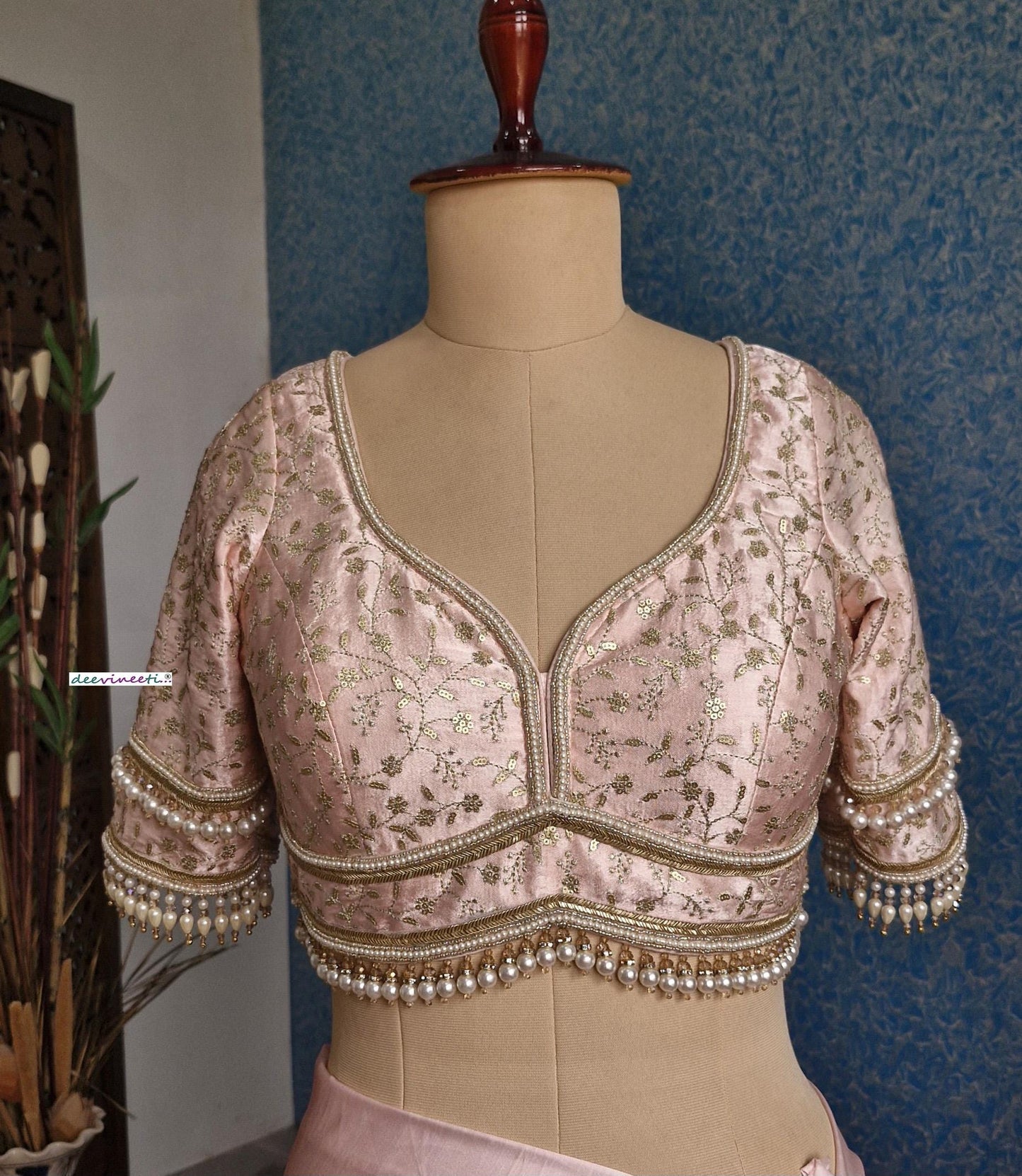 Peachish Pink Embroidered Sweetheart Neck Blouse DVBL_381