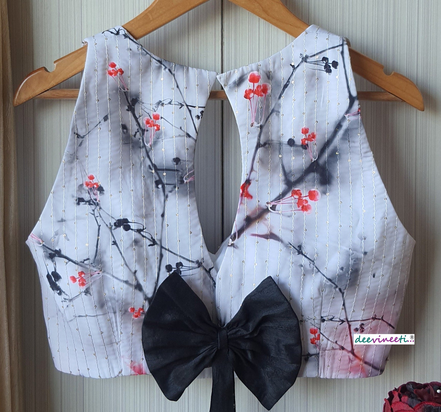 Printed Embroidered White Crepe Halter Blouse DVBL_173