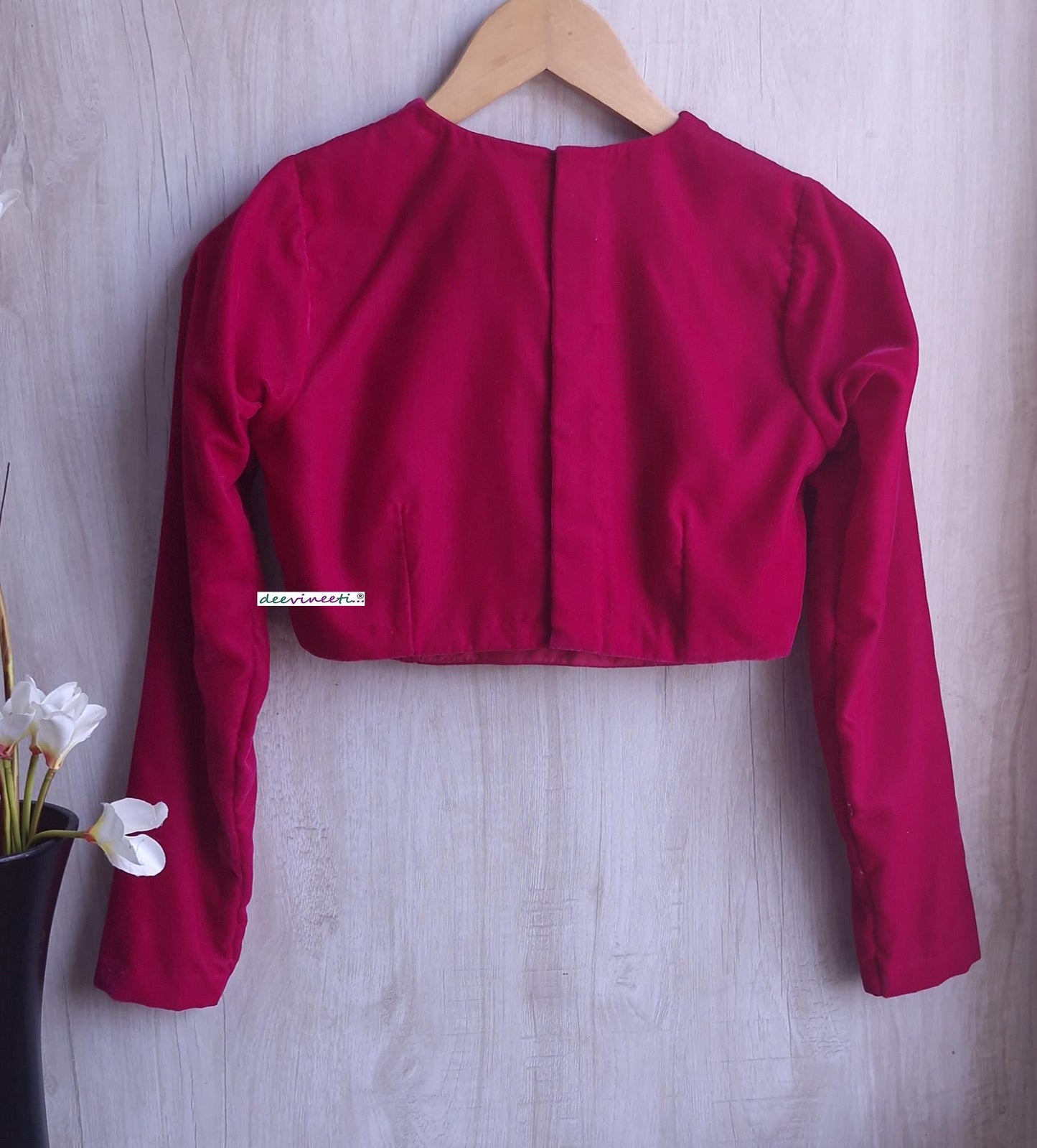 Bright Pink Velvet Jewel Neck Blouse DVBL_393