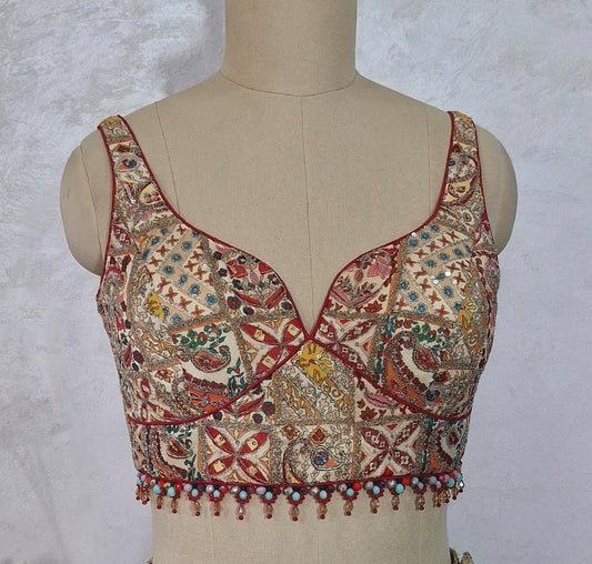 Embroidered Multicolor Chinon Deep Sweetheart Neck Blouse DVBL_434