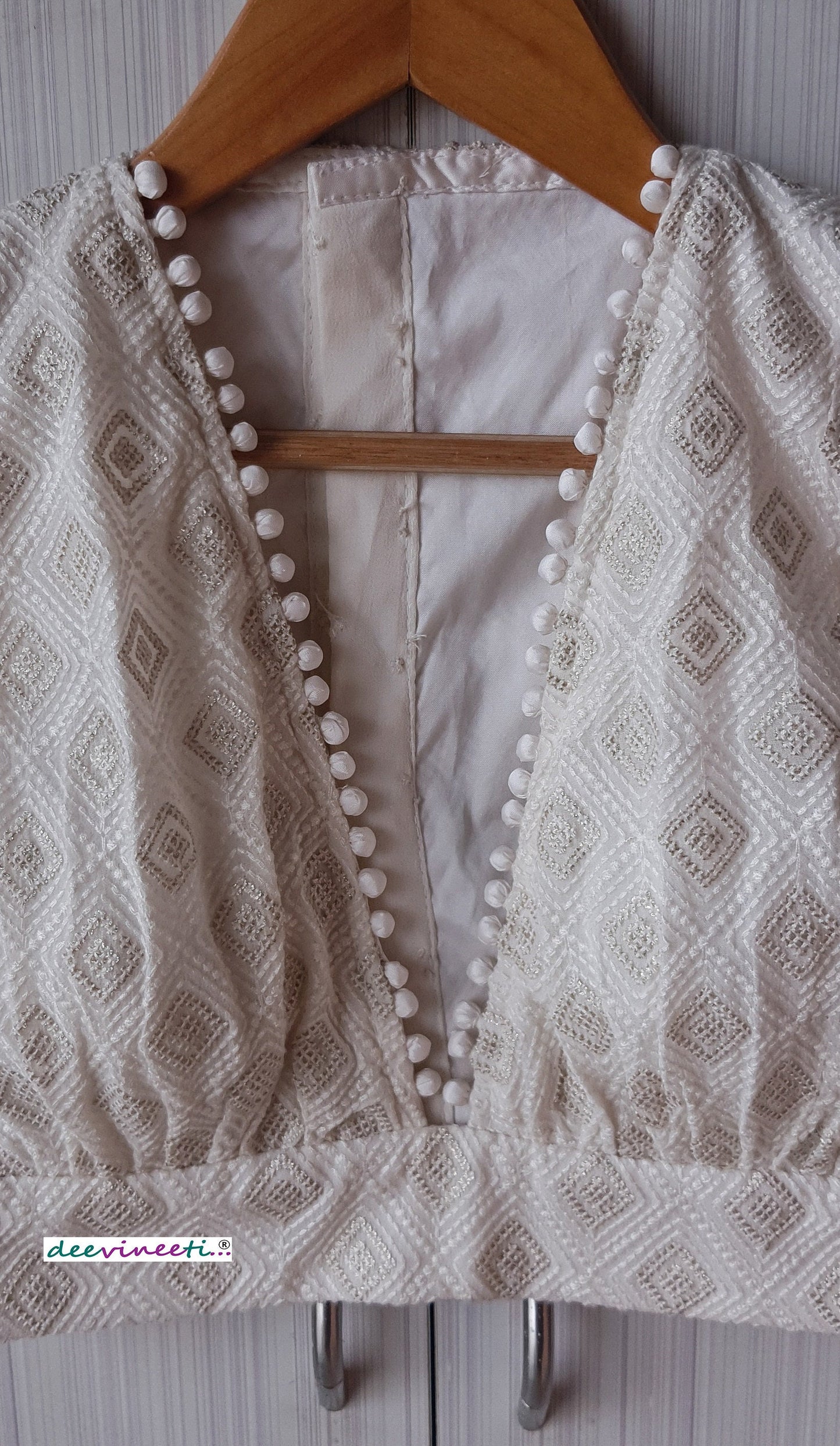 Ivory Chikankari Plunge Neckline Blouse DVBL_249