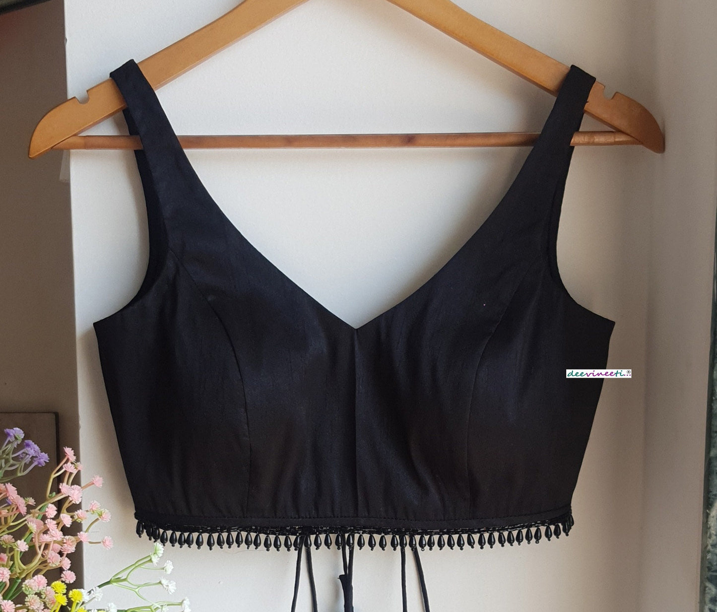 Designer Black Raw Silk Blouse Deep V Neck with Fringes DVBL_327