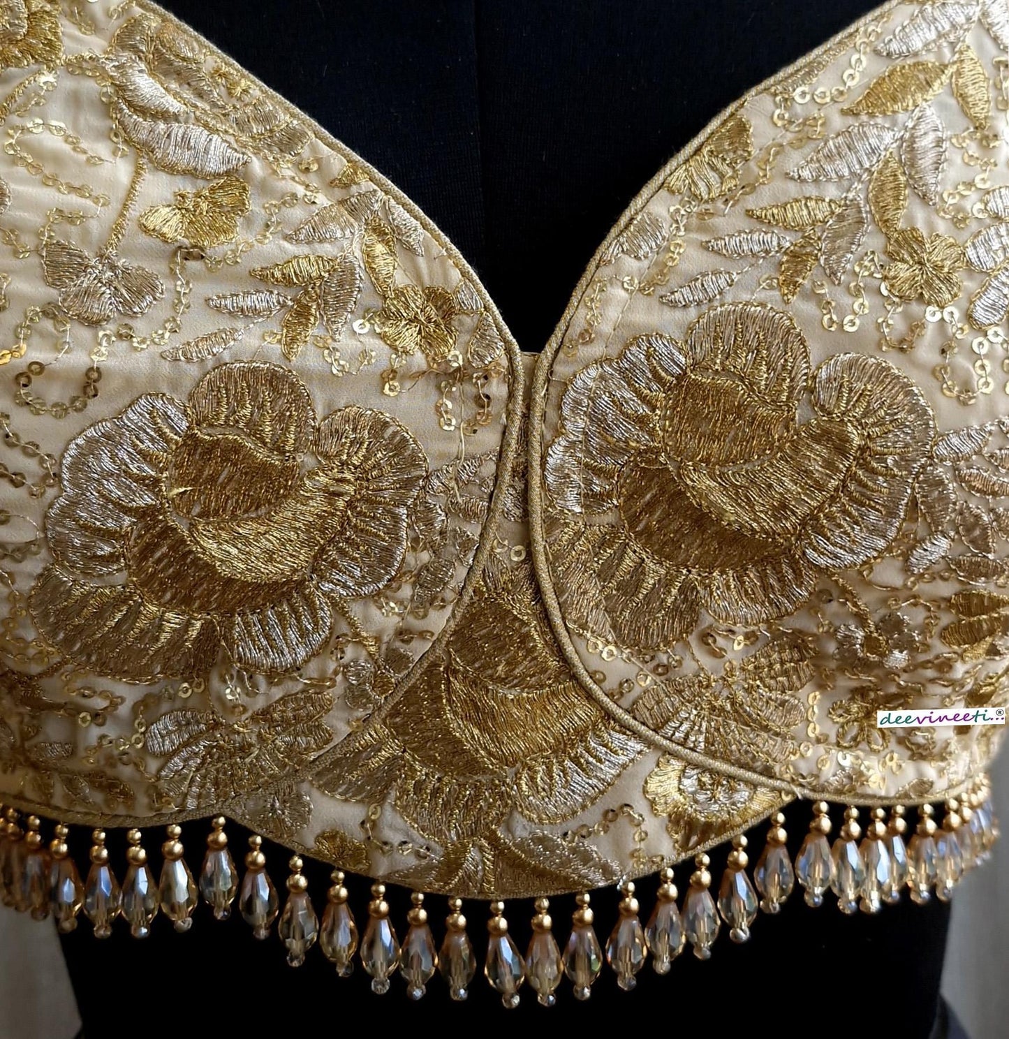 Beige Gold Embroidered Deep Sweetheart Neck Blouse DVBL_380.