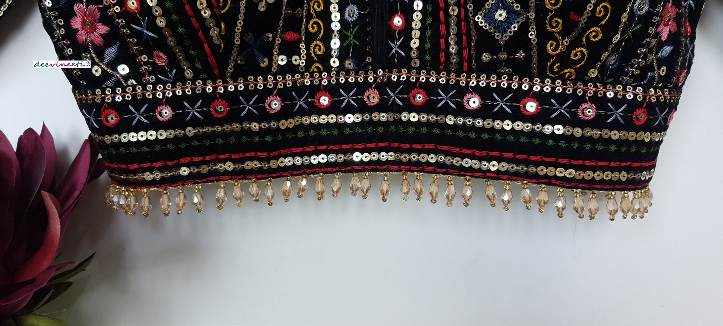 Black Embroidered Velvet Plunge Neckline Blouse DVBL_294