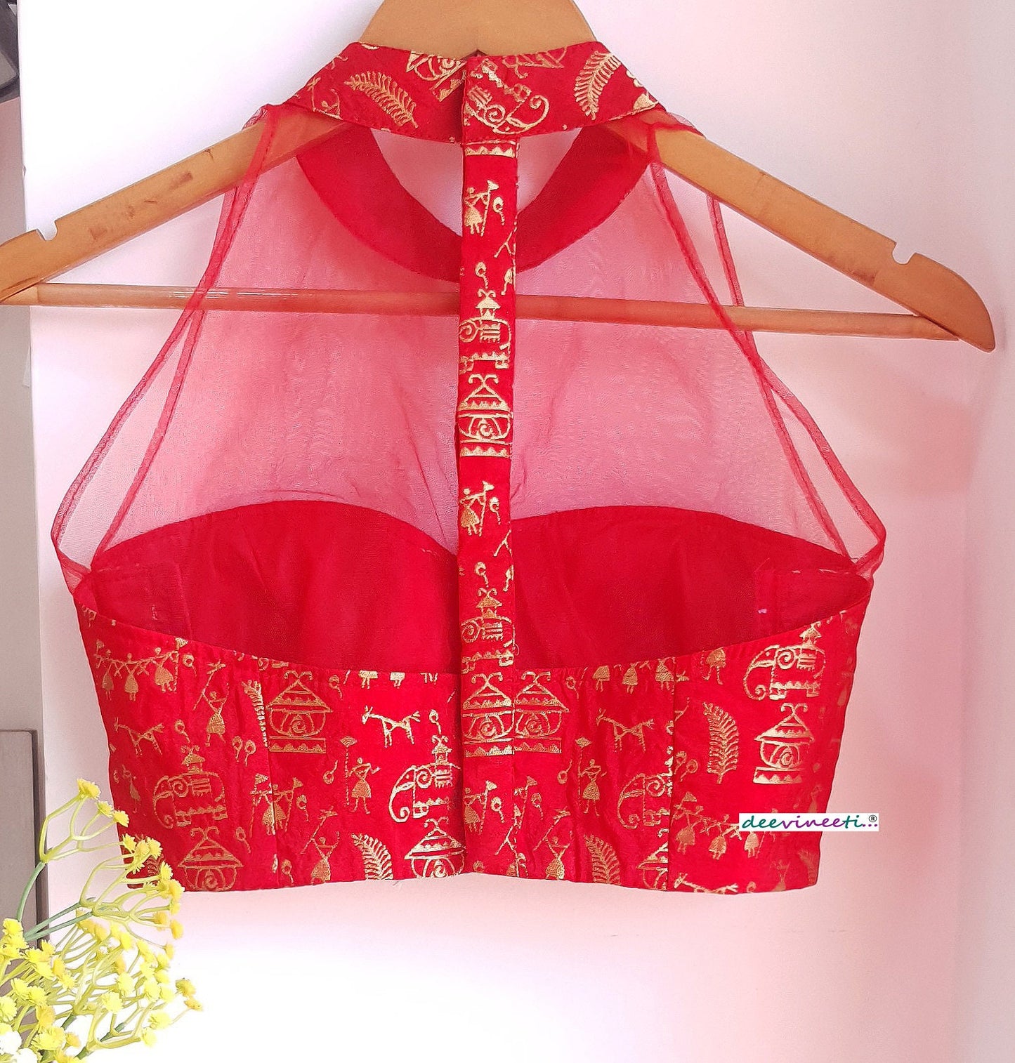 Red Brocade Silk and Net Halter Blouse DVBL_296