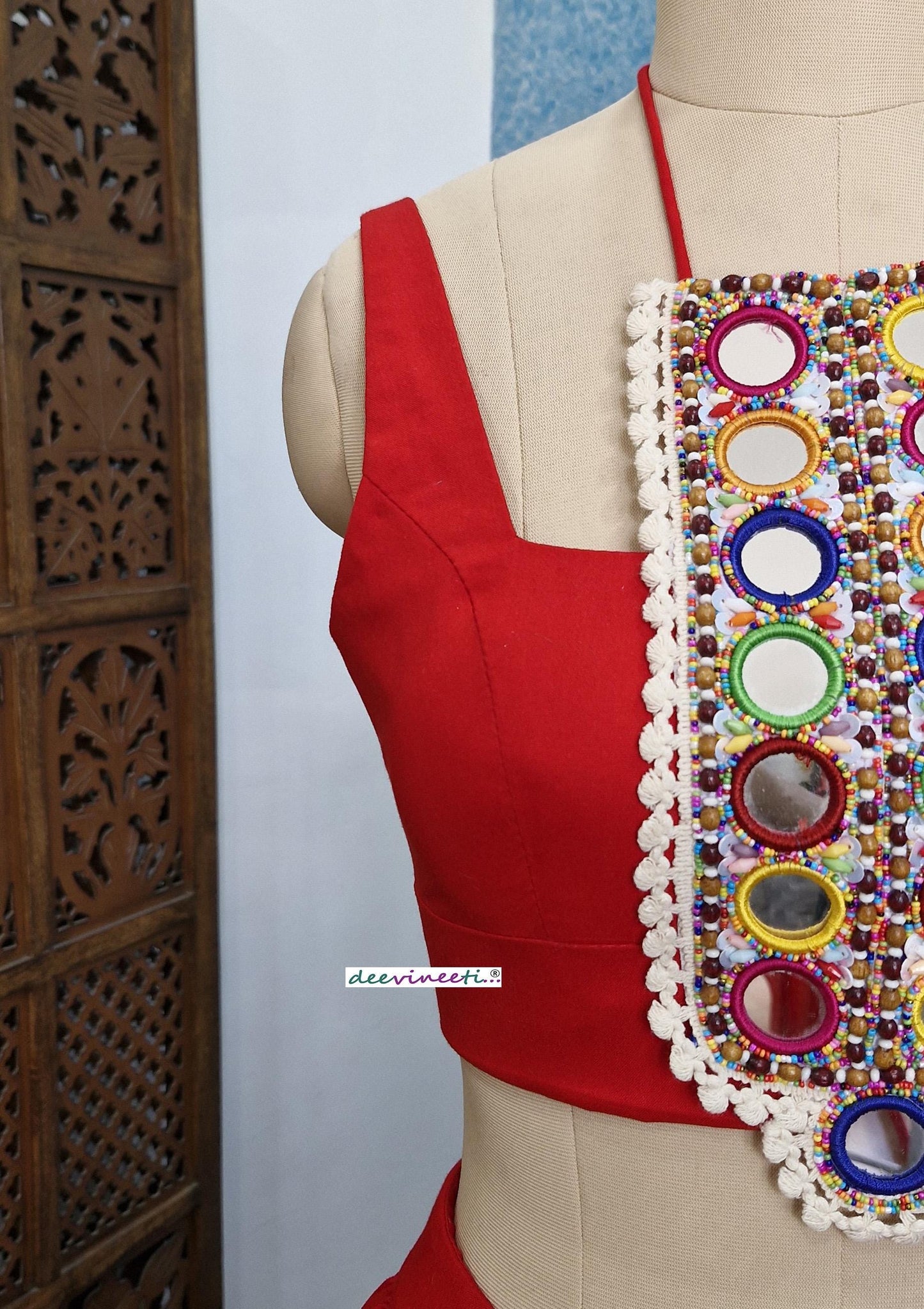 Red Cotton Mirror Embroidered Dandiya Blouse DVBL_376