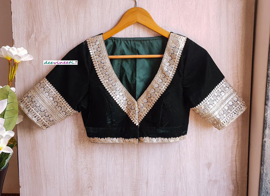 Embroidered Green Velvet Blouse Deep V Neck DVBL_292