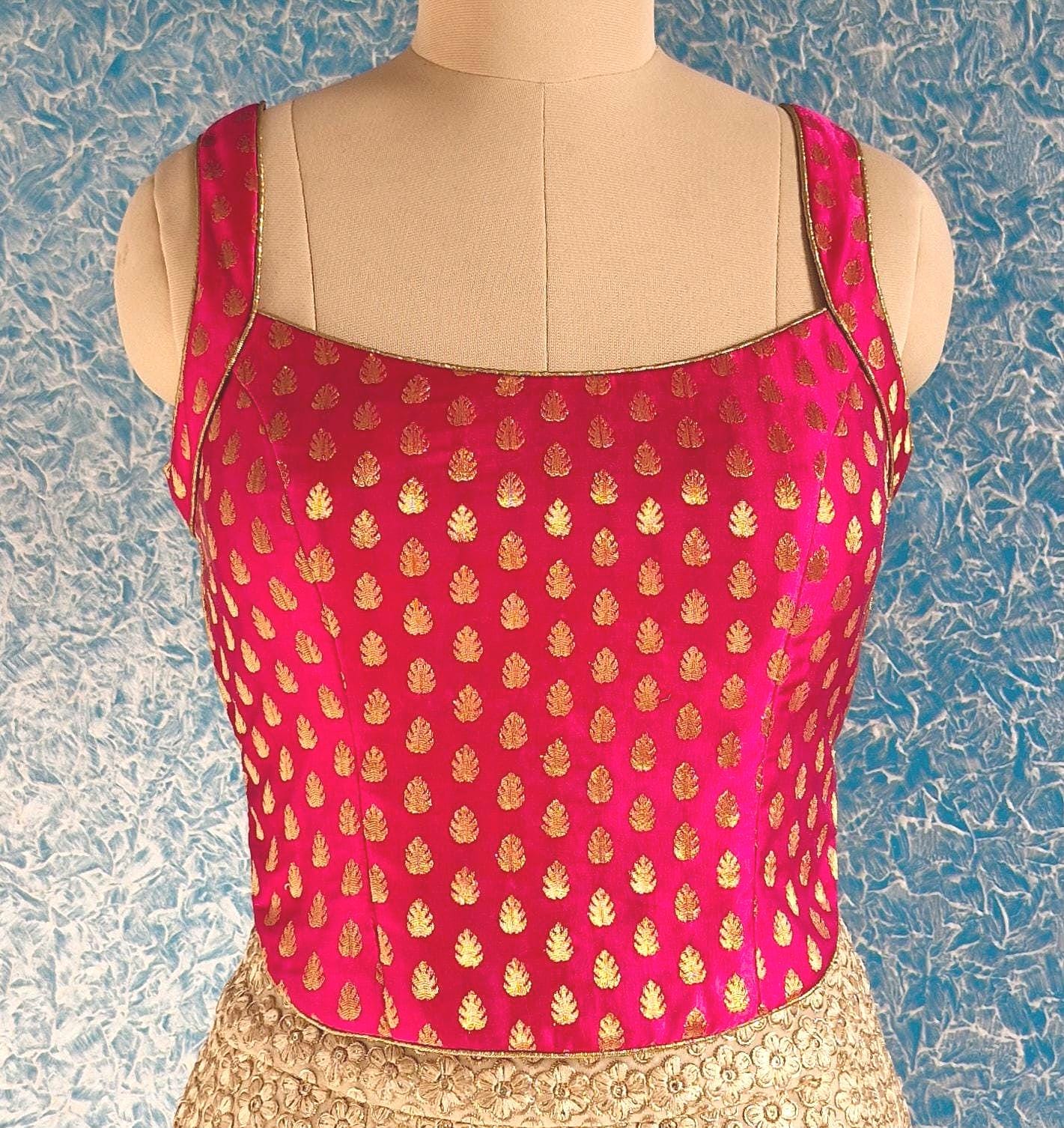 Pink Gold Brocade Silk  Backless Corset Blouse DVCB_004