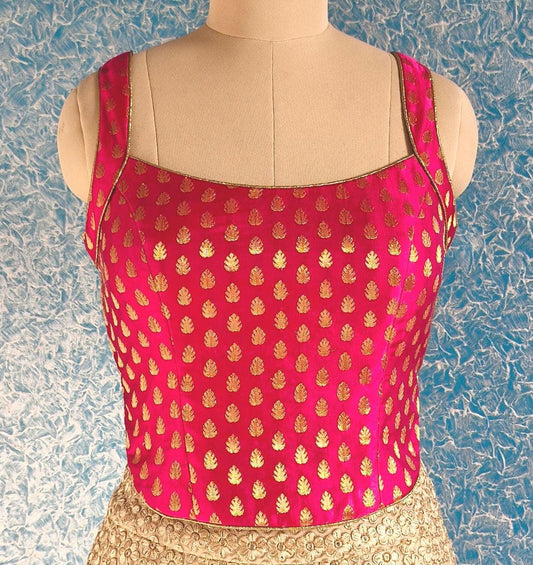 Pink Gold Brocade Silk  Backless Corset Blouse DVCB_004