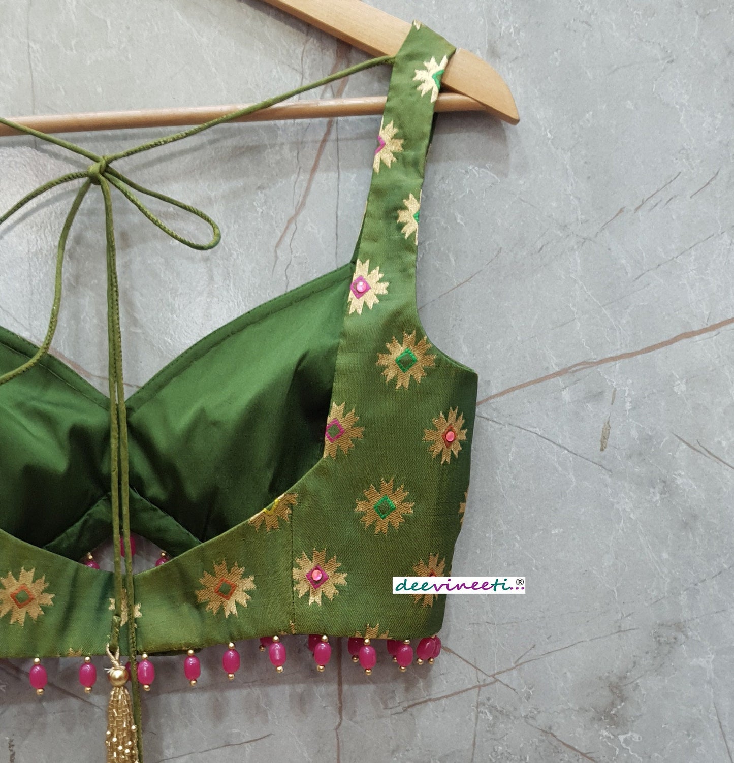 Green Brocade Silk Deep Sweetheart Neck Blouse DVBL_260