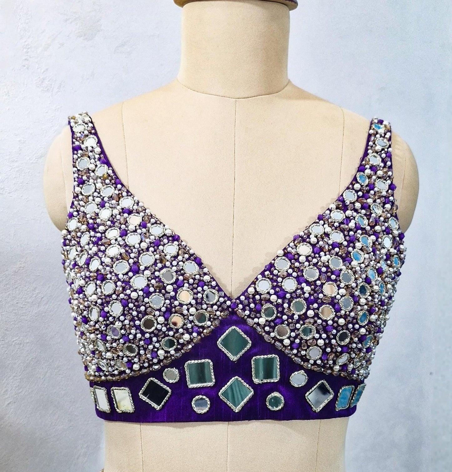 Beads and Mirror Hand Embroidered Purple Raw Silk Blouse DVBL_431