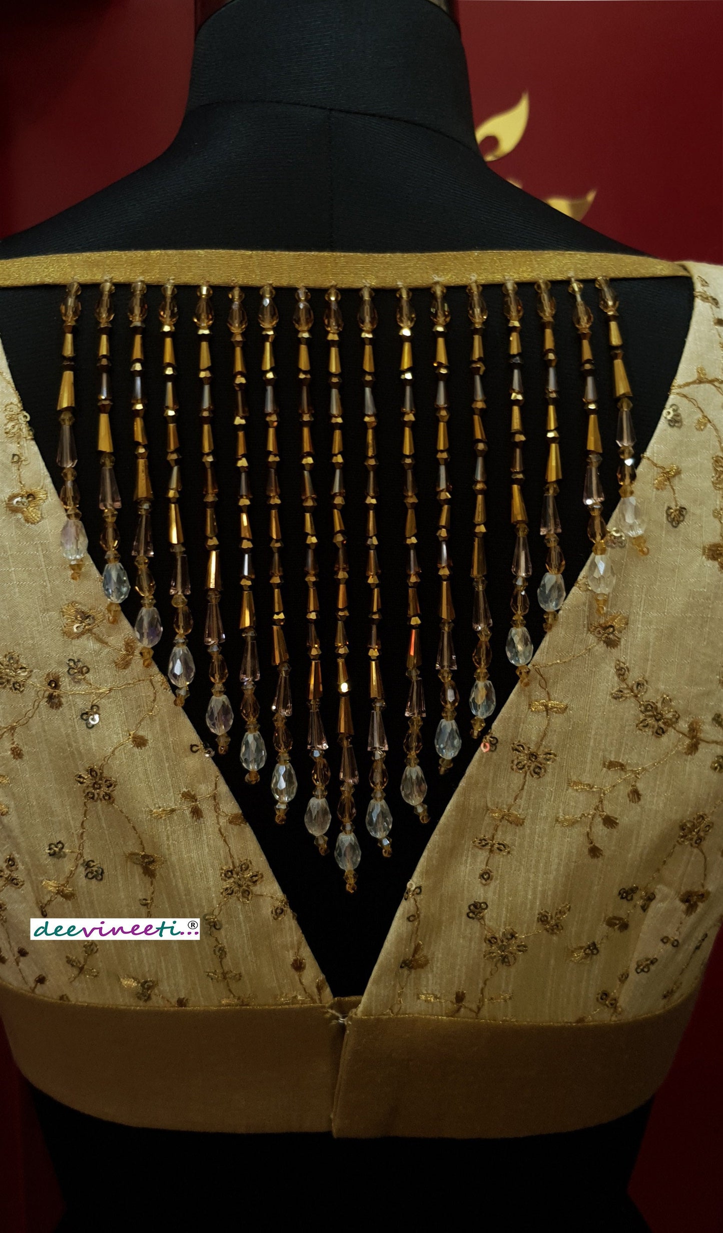 Cream Gold Embroidered Deep V Neck Blouse DVBL_253
