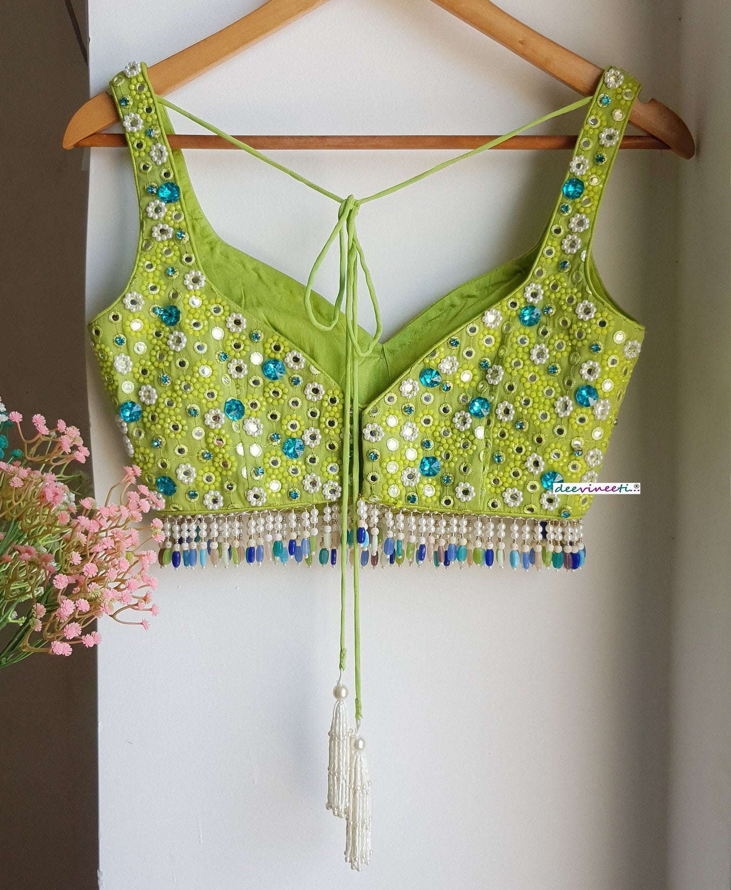 Hand Embroidered Lime Green Deep Sweetheart Neck Blouse  DVBL_287