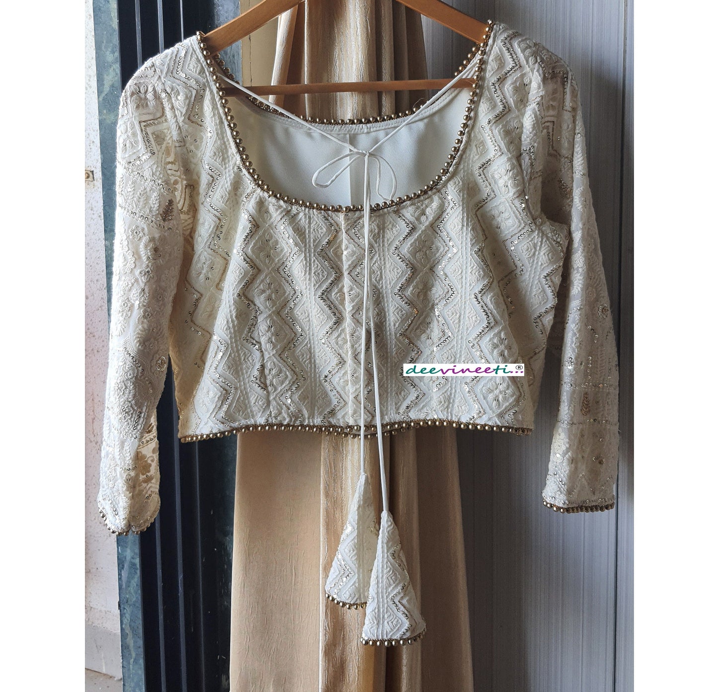 Ivory Chikankari Lucknowi Boat Neck. Blouse DVBL_058