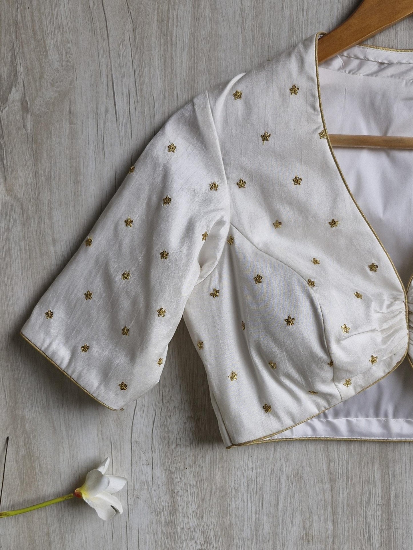 Embroidered Silk Ivory Deep V Neck Blouse DVBL_451