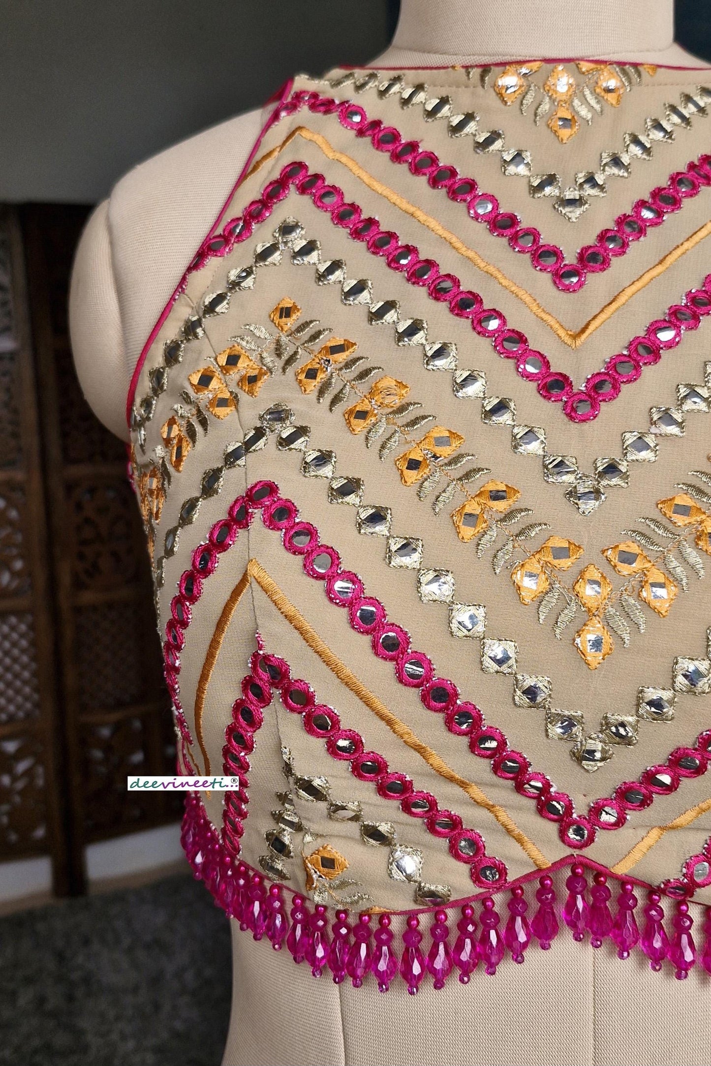 Beige Chevron Embroidered  Halter Neck Blouse DVBL_367