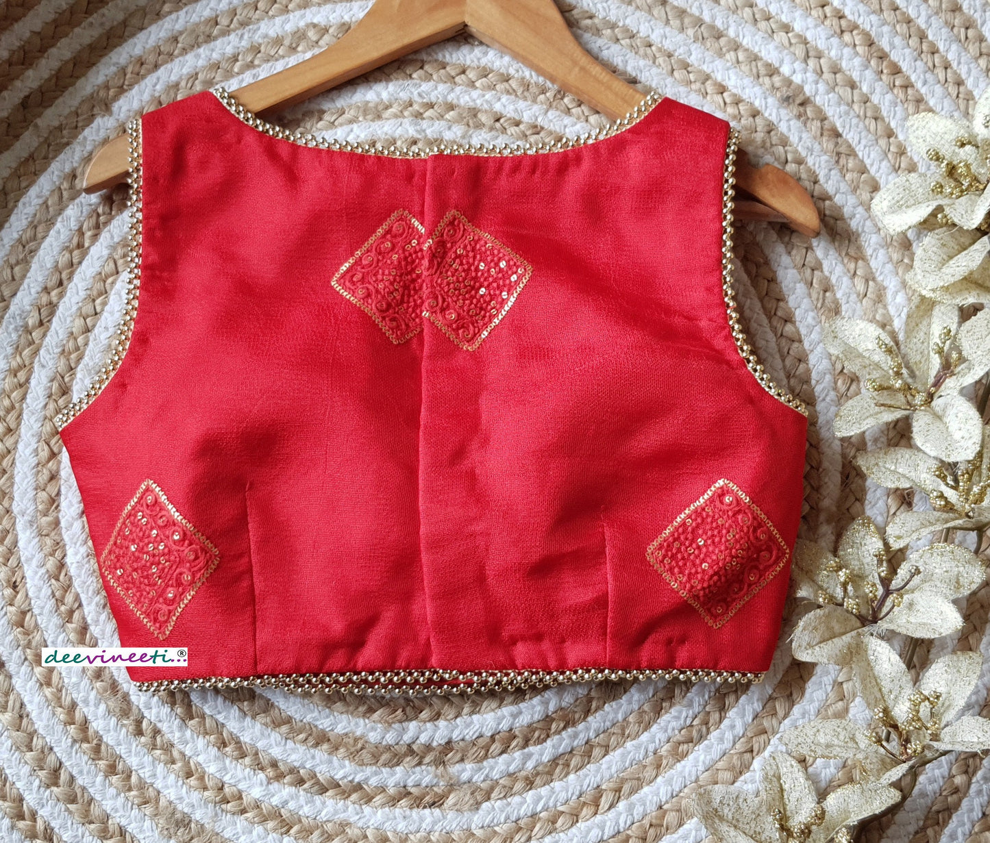 Red Jute Silk Boat Neck Blouse DVBL_212