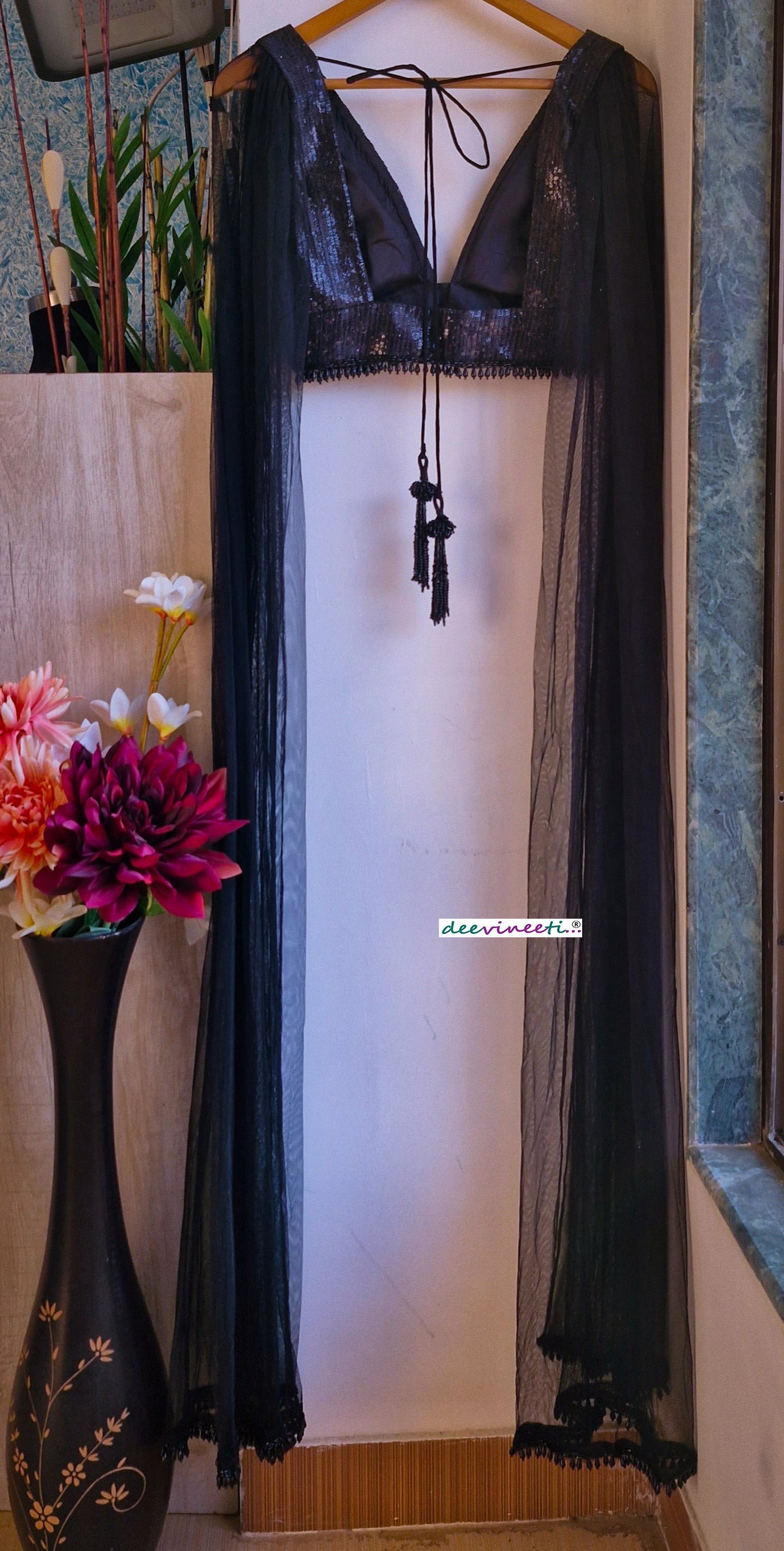 Black Sequins Embroidered Plunge Neck Cape Blouse DVBL_342