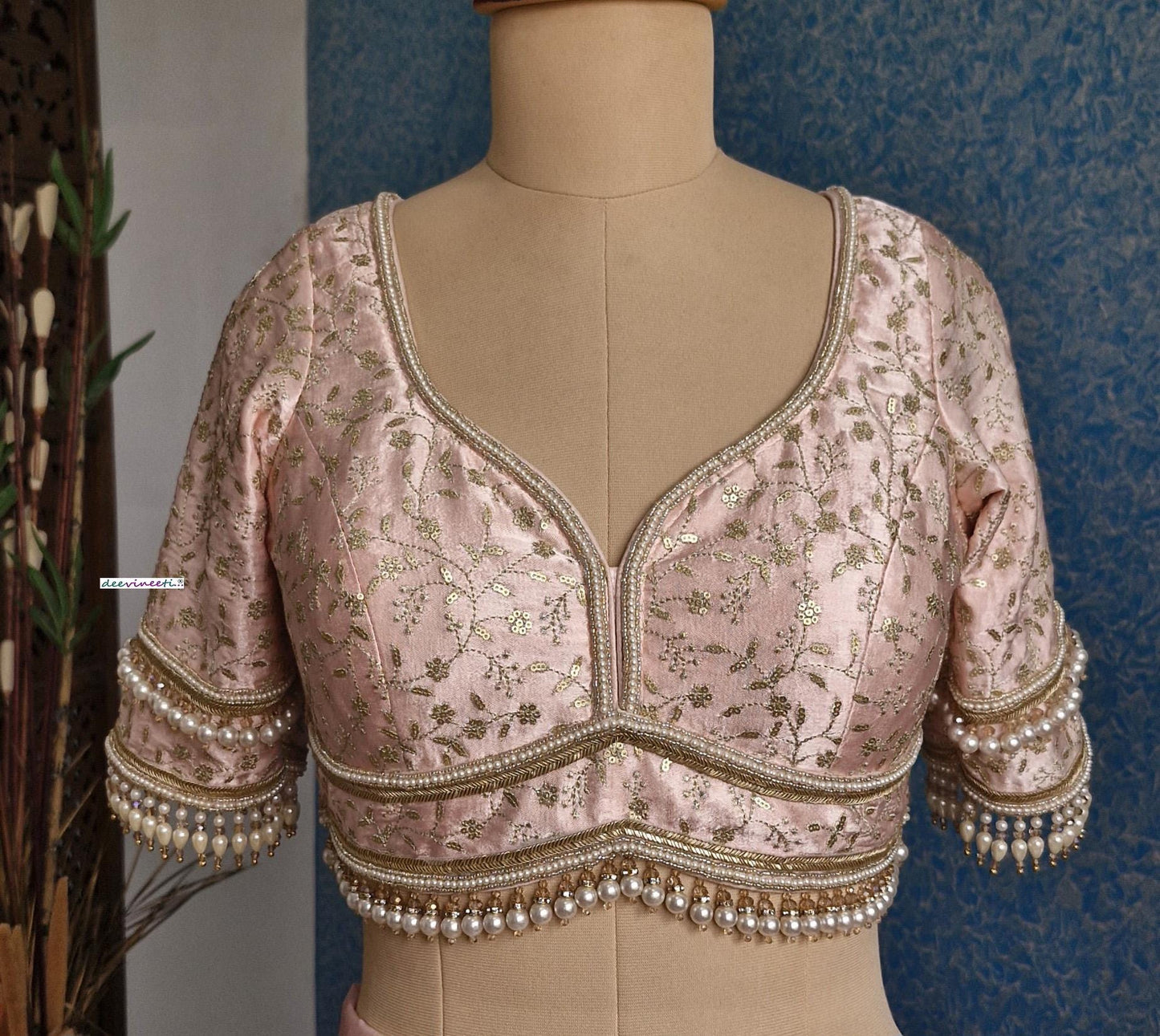 Peachish Pink Embroidered Sweetheart Neck Blouse DVBL_381