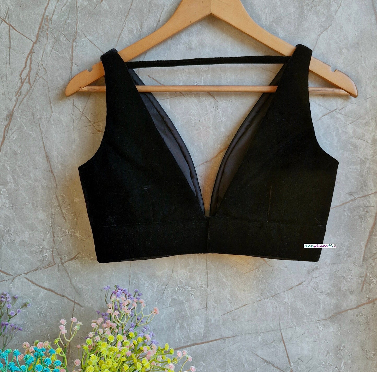 Black Velvet Plunge Neckline Blouse DVBL_332