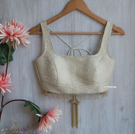 Cream and Gold Brocade Silk Square Neck Blouse DVBL_304