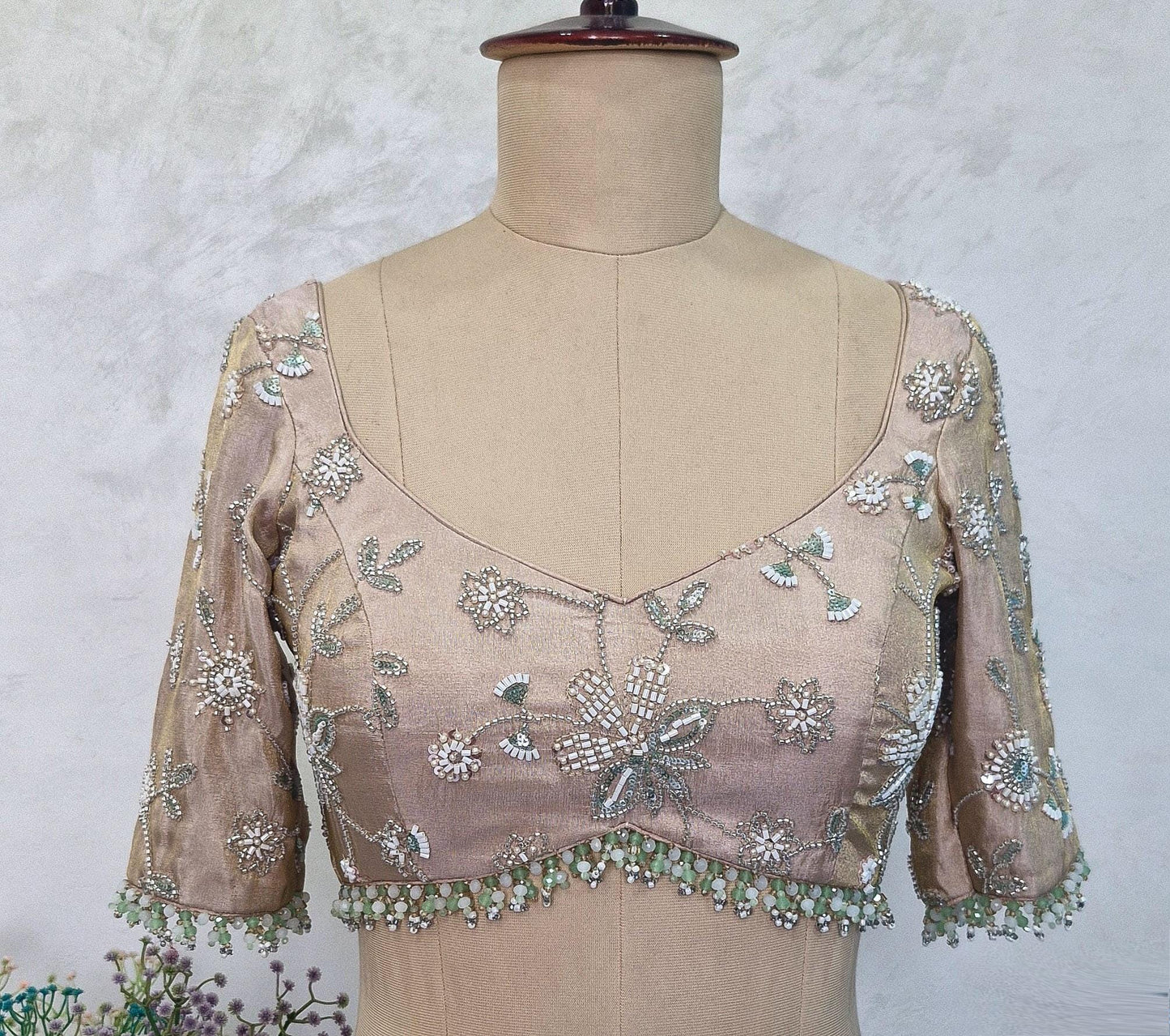 Beads Embroidered Tissue Silk Rose Gold Blouse DVBL_409