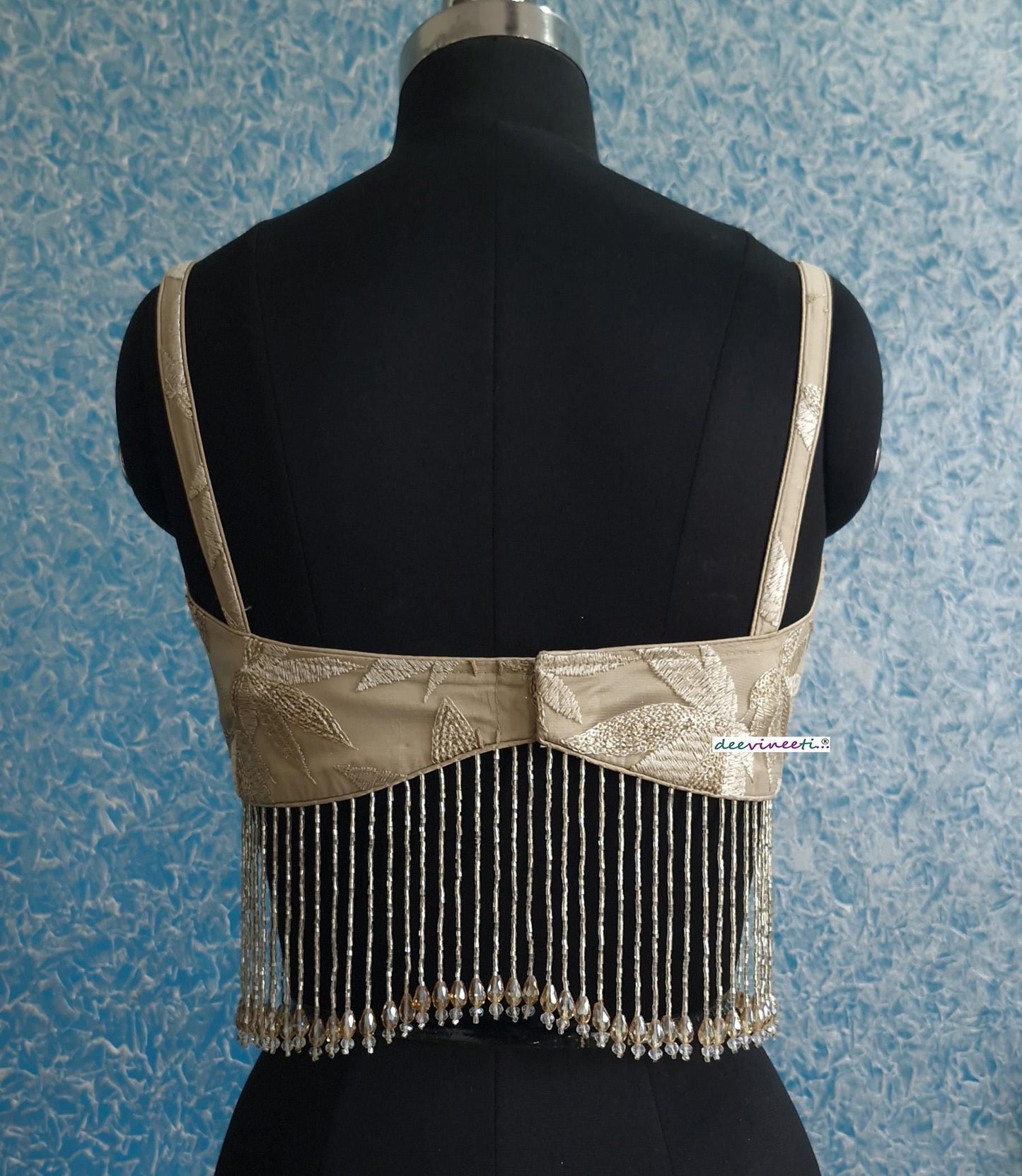 Beige Embroidered Net Spaghetti Blouse with Beads Fringes DVBL_389