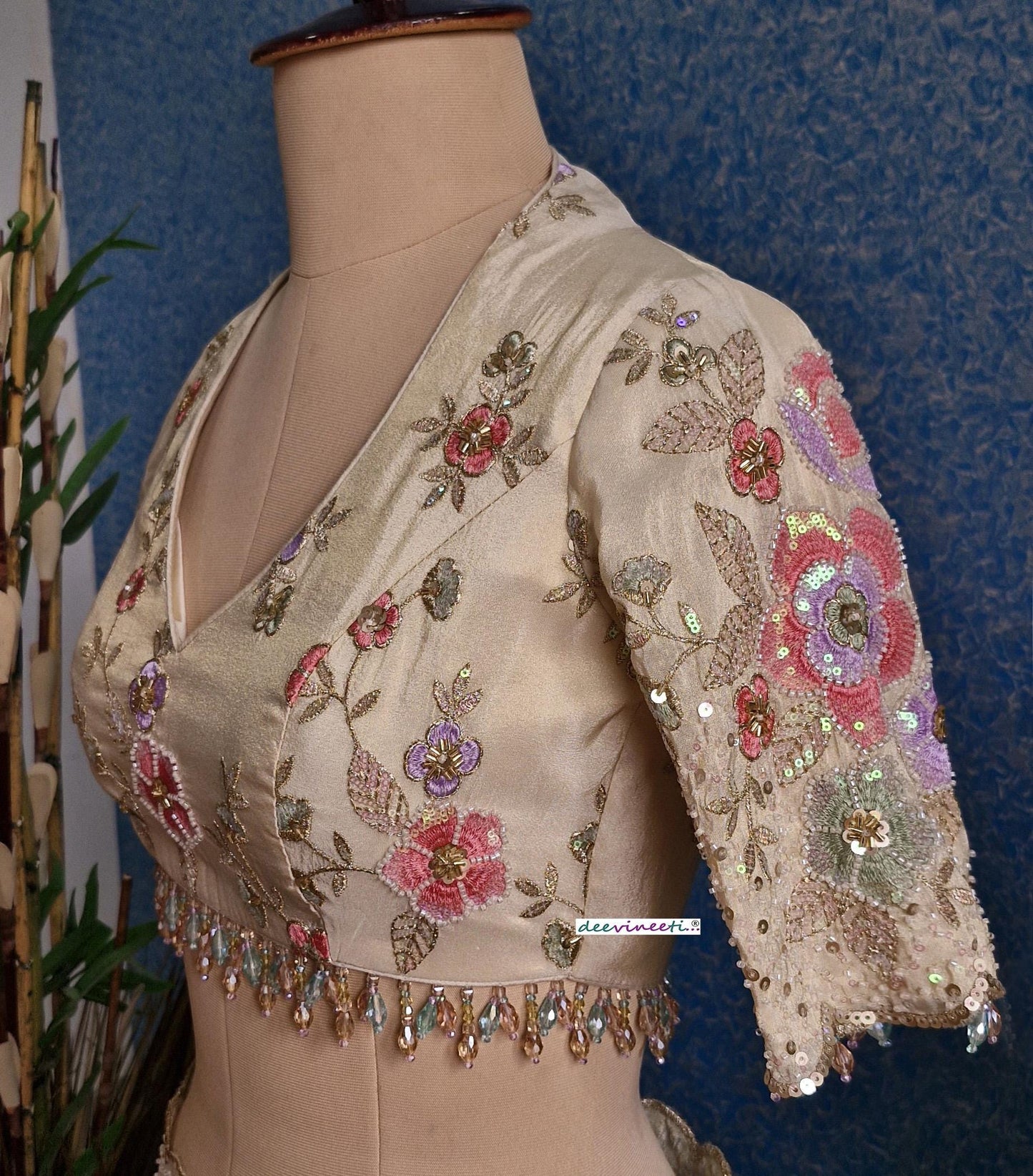Embroidered Tissue Silk Deep V Neck Blouse DVBL_370