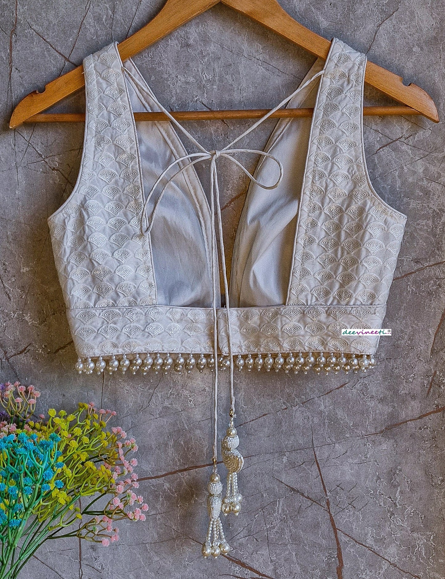 Ivory Embroidered Chanderi Plunge Neckline Blouse DVBL_331