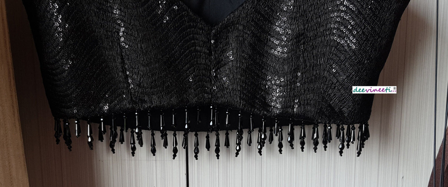 Black Sequins Embroidered Spaghetti Blouse DVBL_179