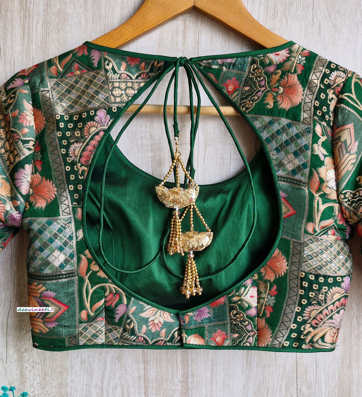 Green Jacquard Silk Round Scoop Neck Blouse DVBL_317
