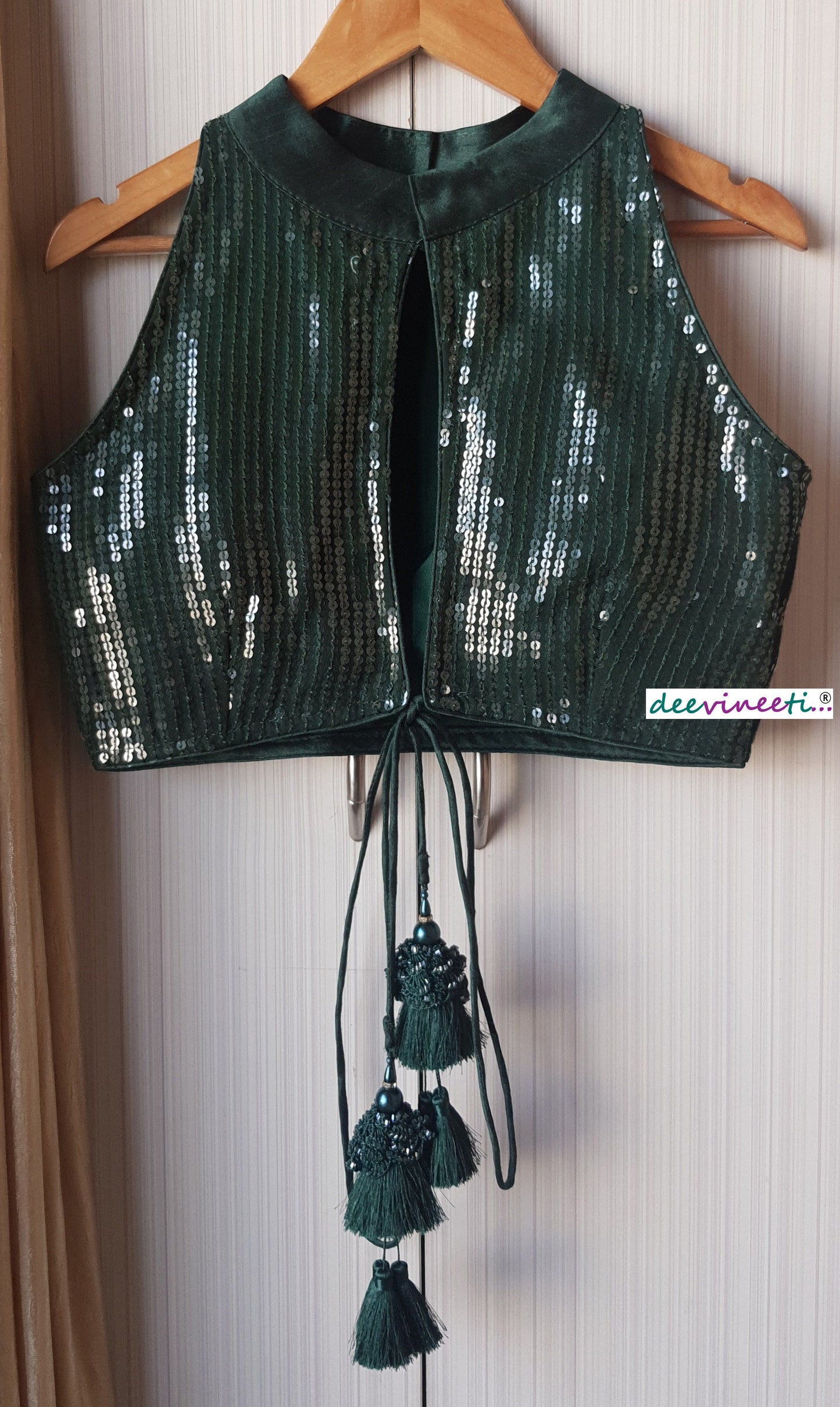Designer Dark Green Sequins Georgette Blouse High Collar DVBL_149