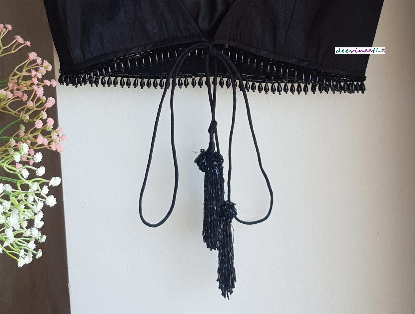 Designer Black Raw Silk Blouse Deep V Neck with Fringes DVBL_327