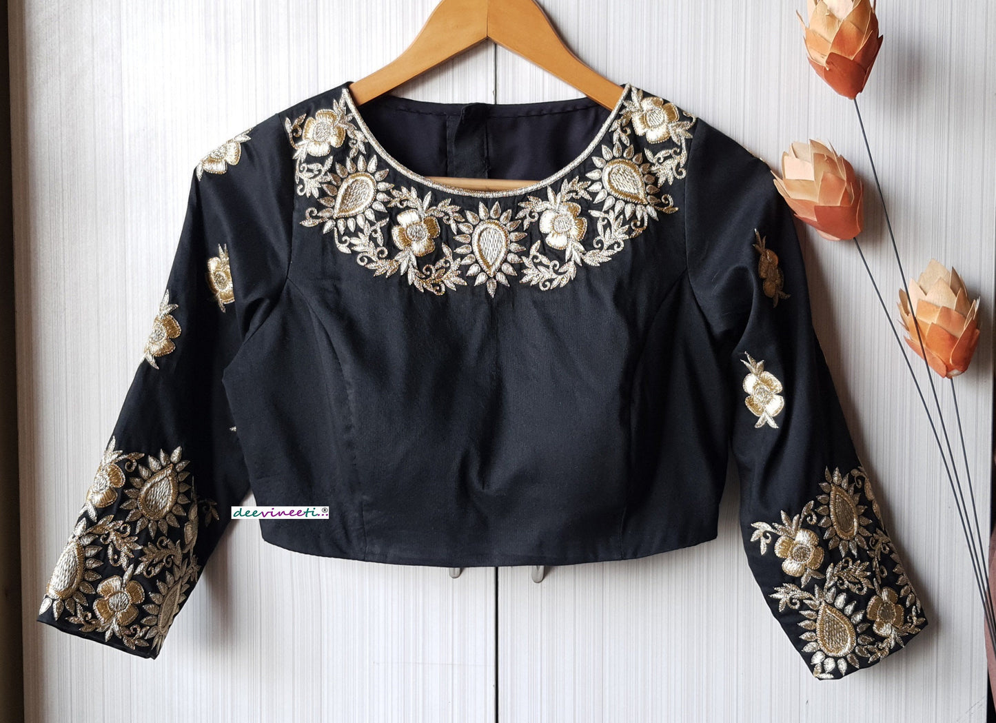 Black Silk Hand Embroidered 3/4th Sleeves Blouse DVBL_236
