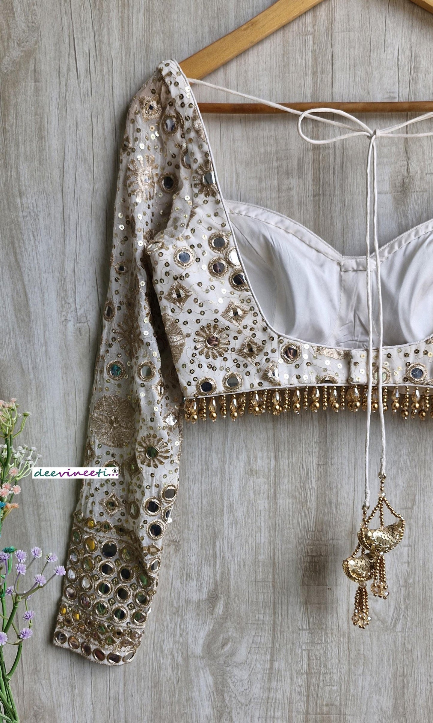 Ivory and Gold Embroidered Sweetheart Neck Long Sleeves Blouse DVBL_373