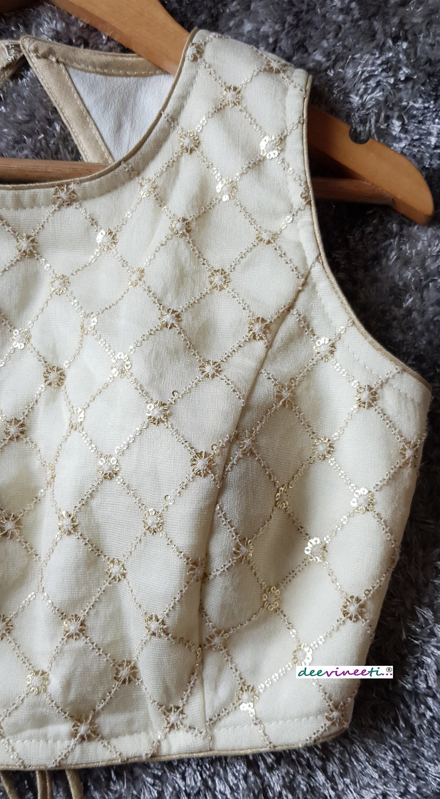 Cream Jute Silk Jewel Neck Backless Blouse DVBL_211