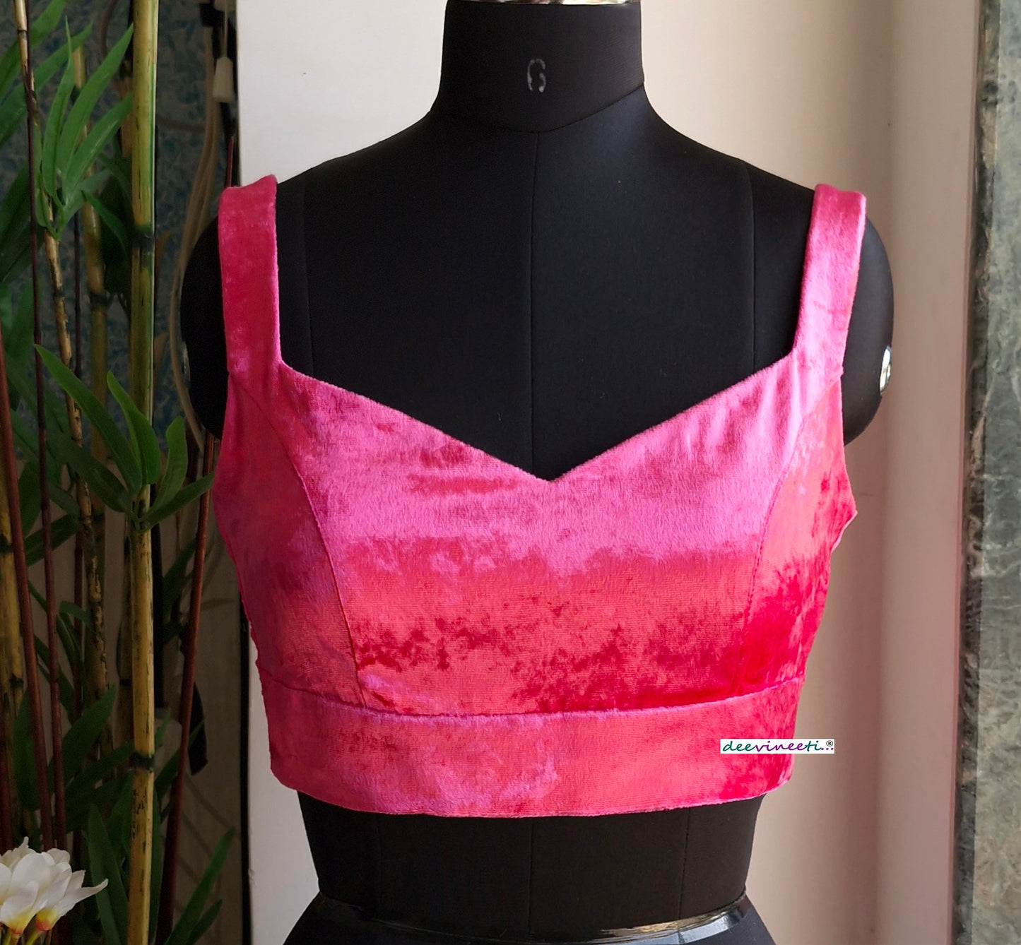 Hot Pink Viscose Velvet Semi Sweetheart Neck Blouse DVBL_334