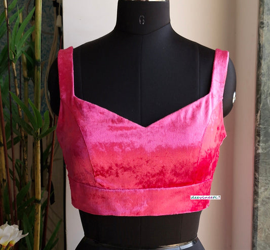 Hot Pink Viscose Velvet Semi Sweetheart Neck Blouse DVBL_334