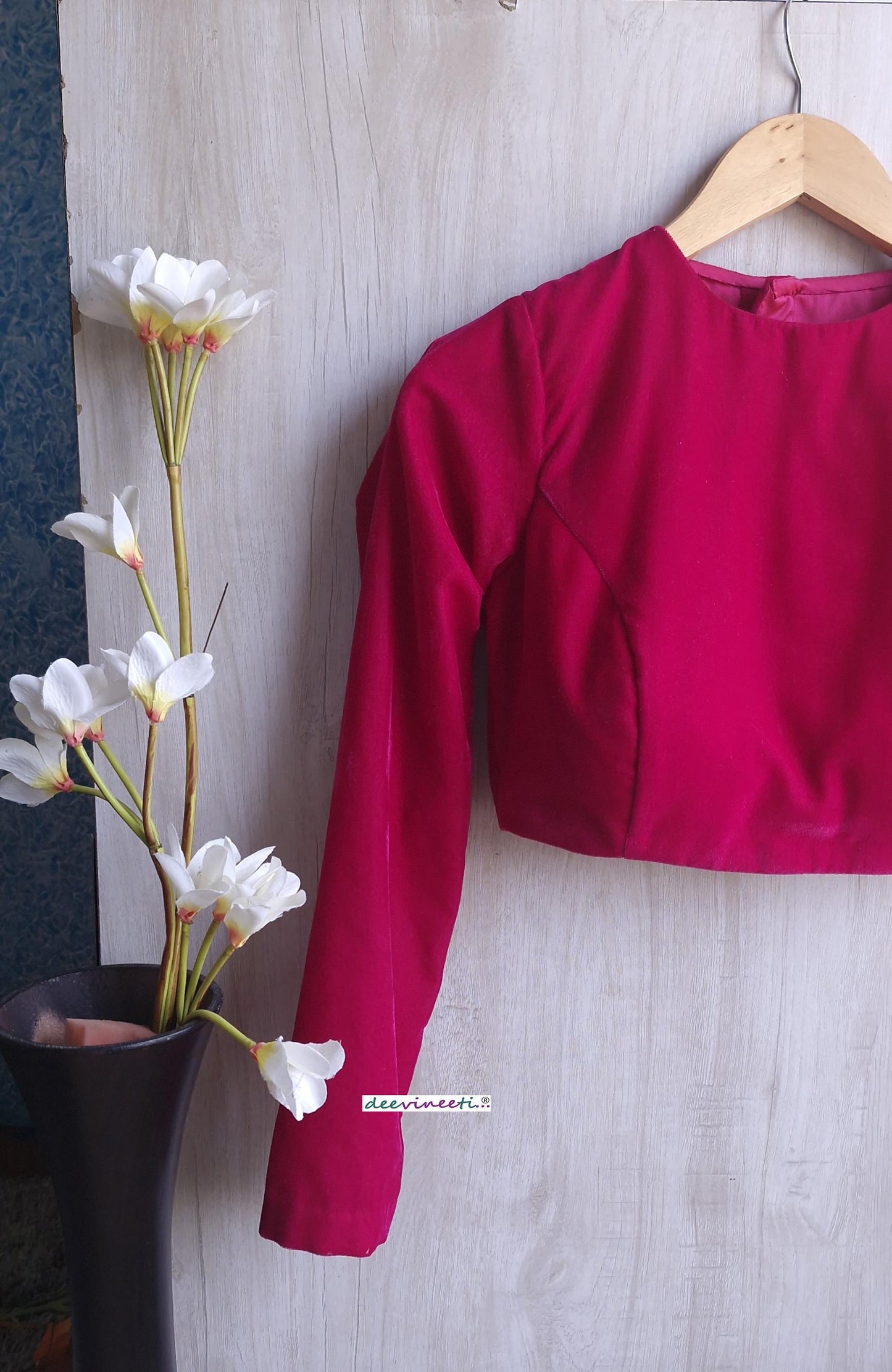 Bright Pink Velvet Jewel Neck Blouse DVBL_393