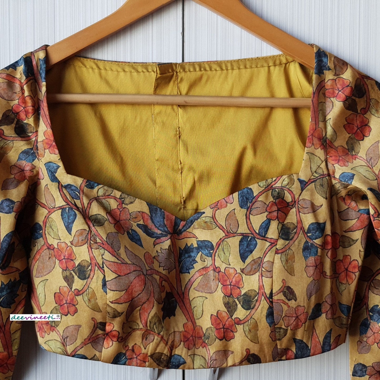 Medallion Yellow Printed Satin Silk Long Sleeves Blouse DVBL_226