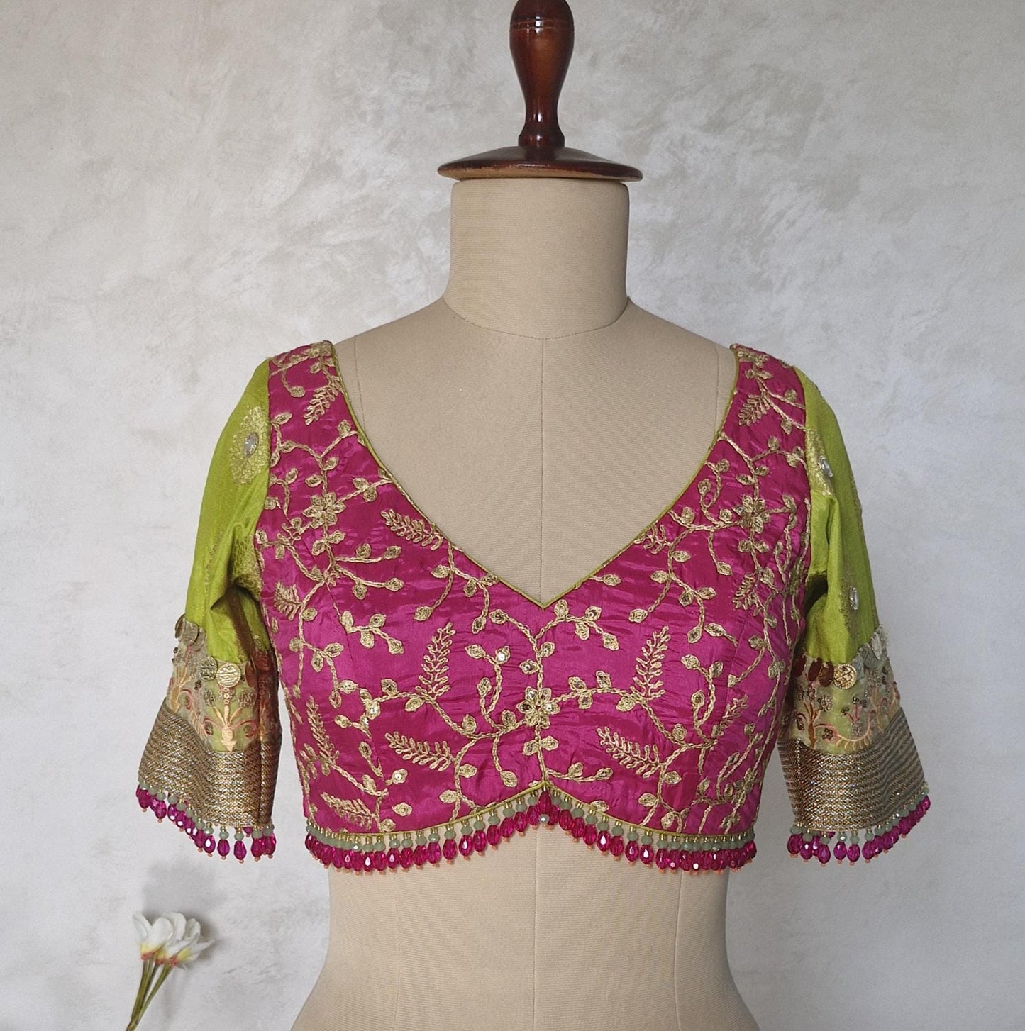 Embroidered Silk Pink and Lime Green Blouse DVBL_455